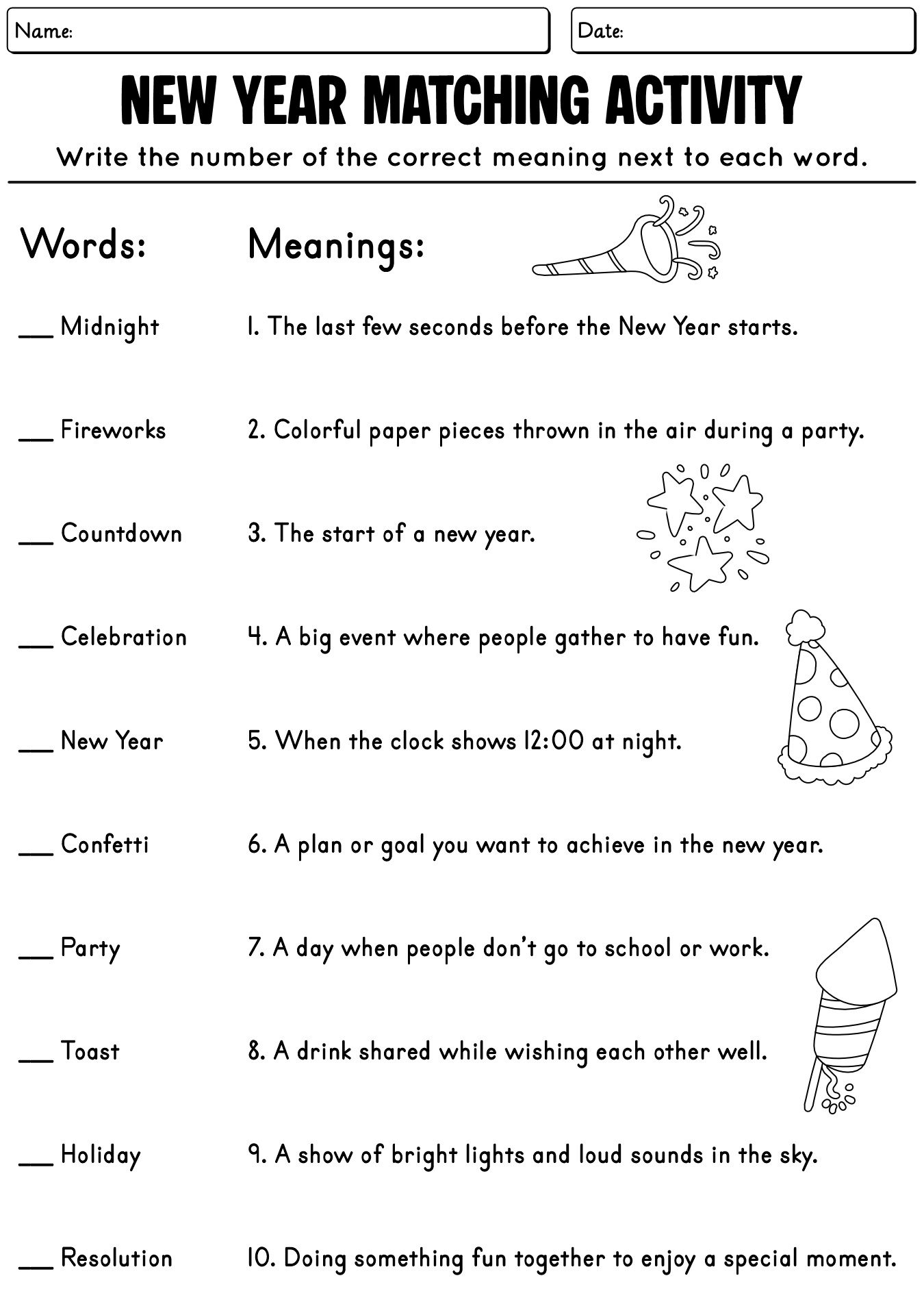 New Year Matching Worksheet