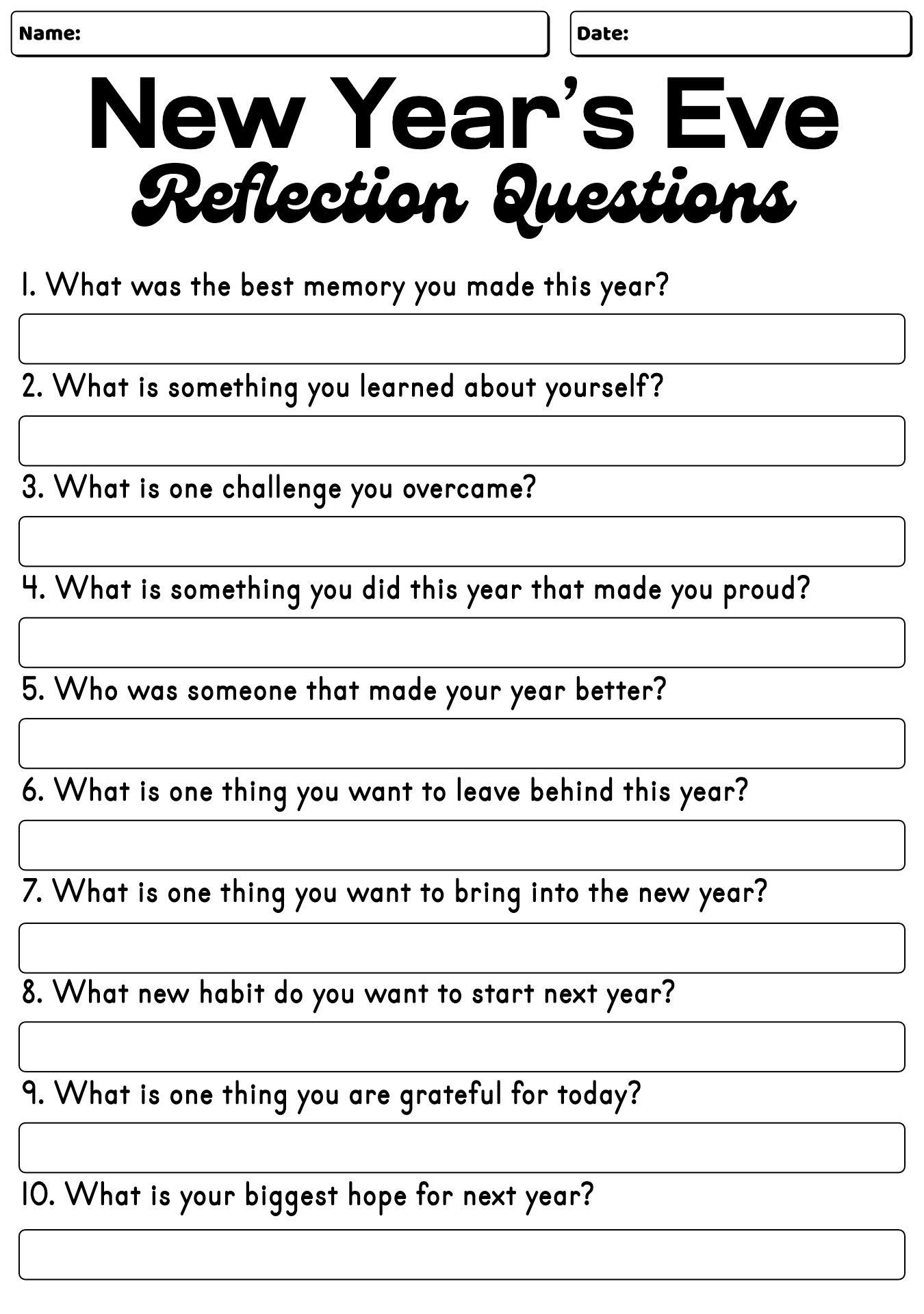 New Years Eve Reflection Questions Sheet