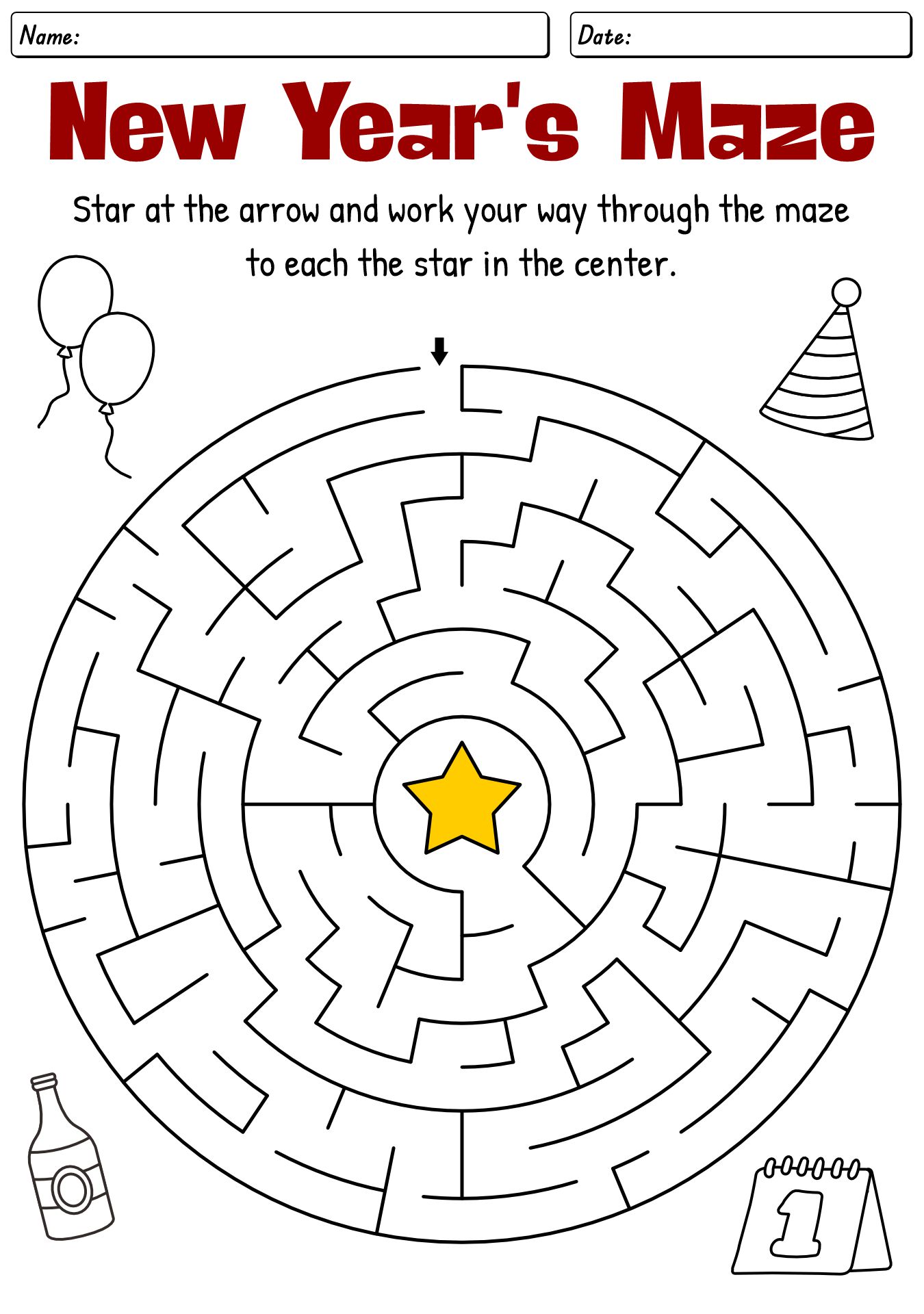 New Years Festivities Maze Printables