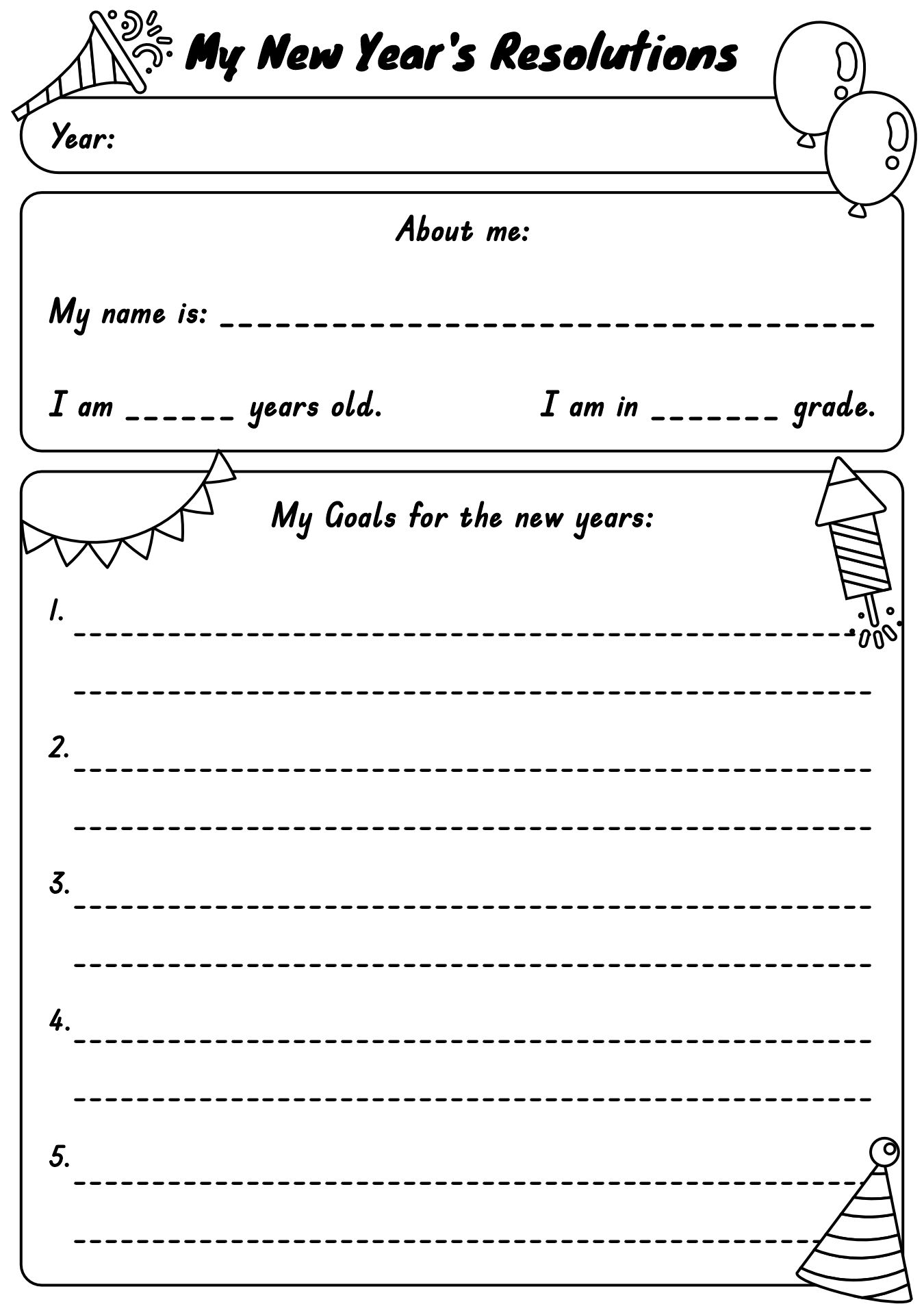 New Years Resolution Writing Worksheet for Kids