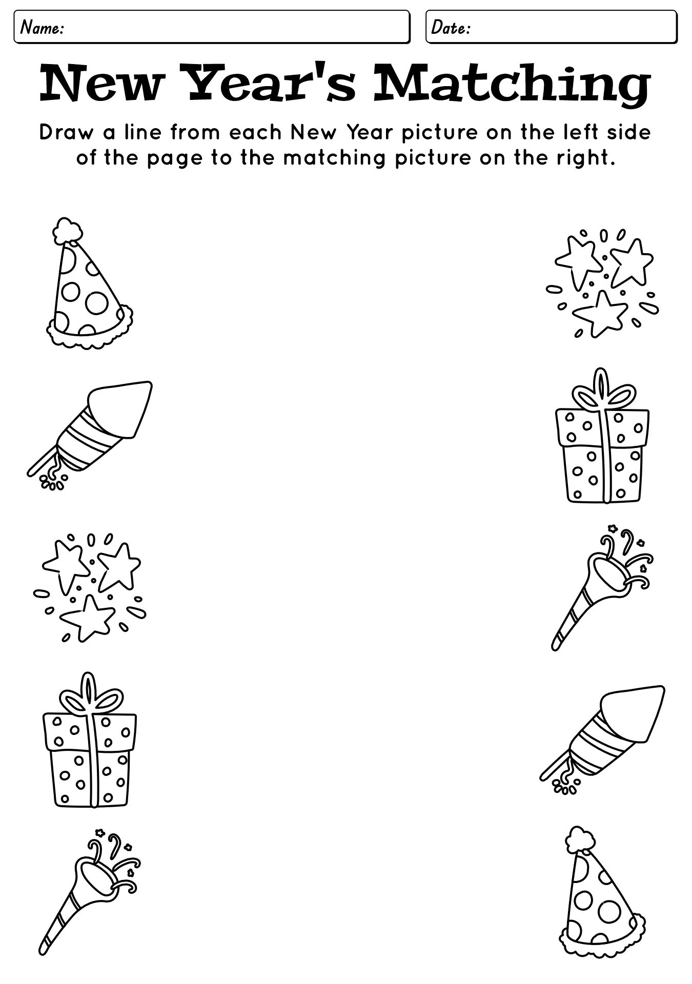 New Years Theme Matching Worksheets for Toddlers