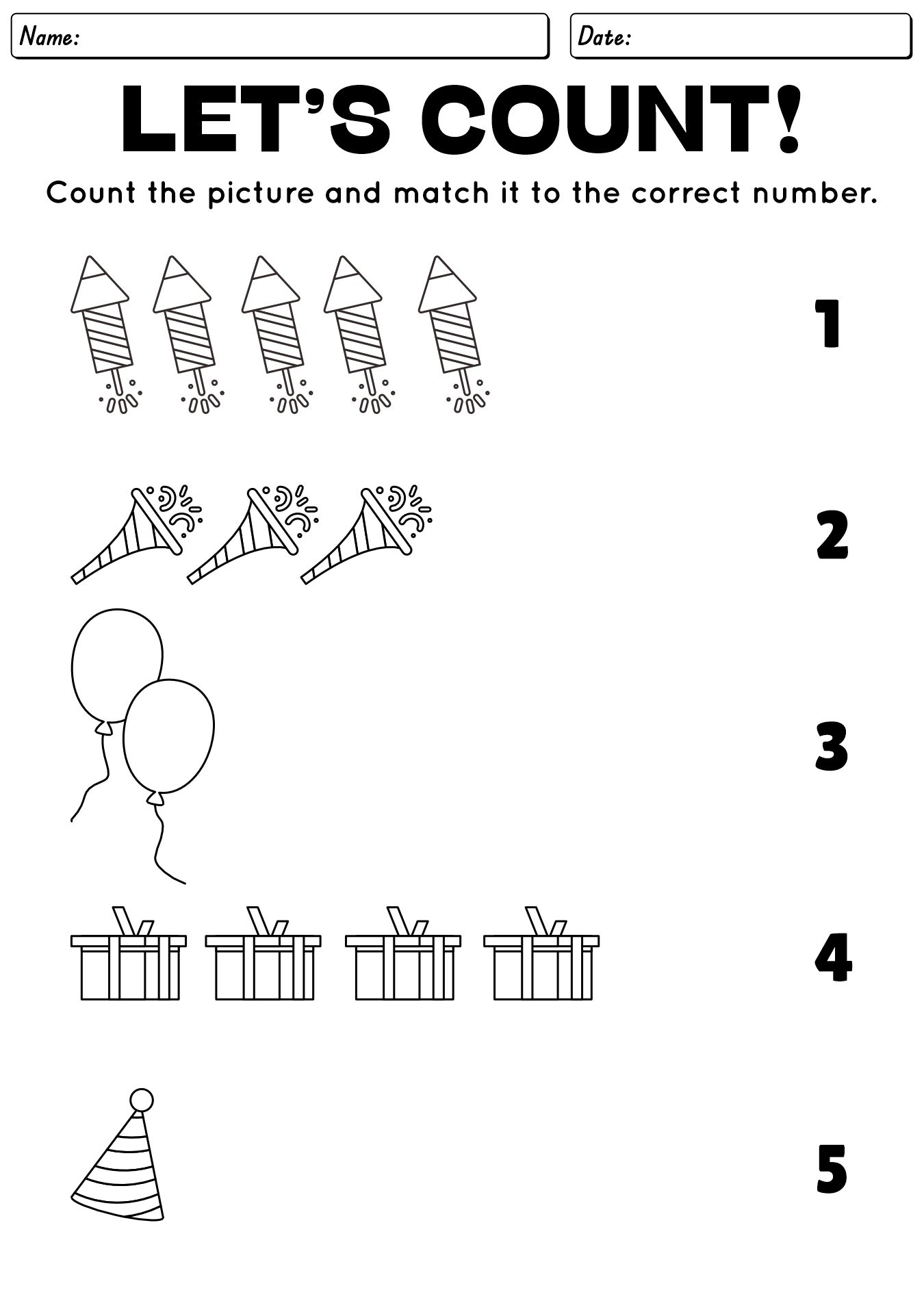 Preschool New Years Number Matching Sheets