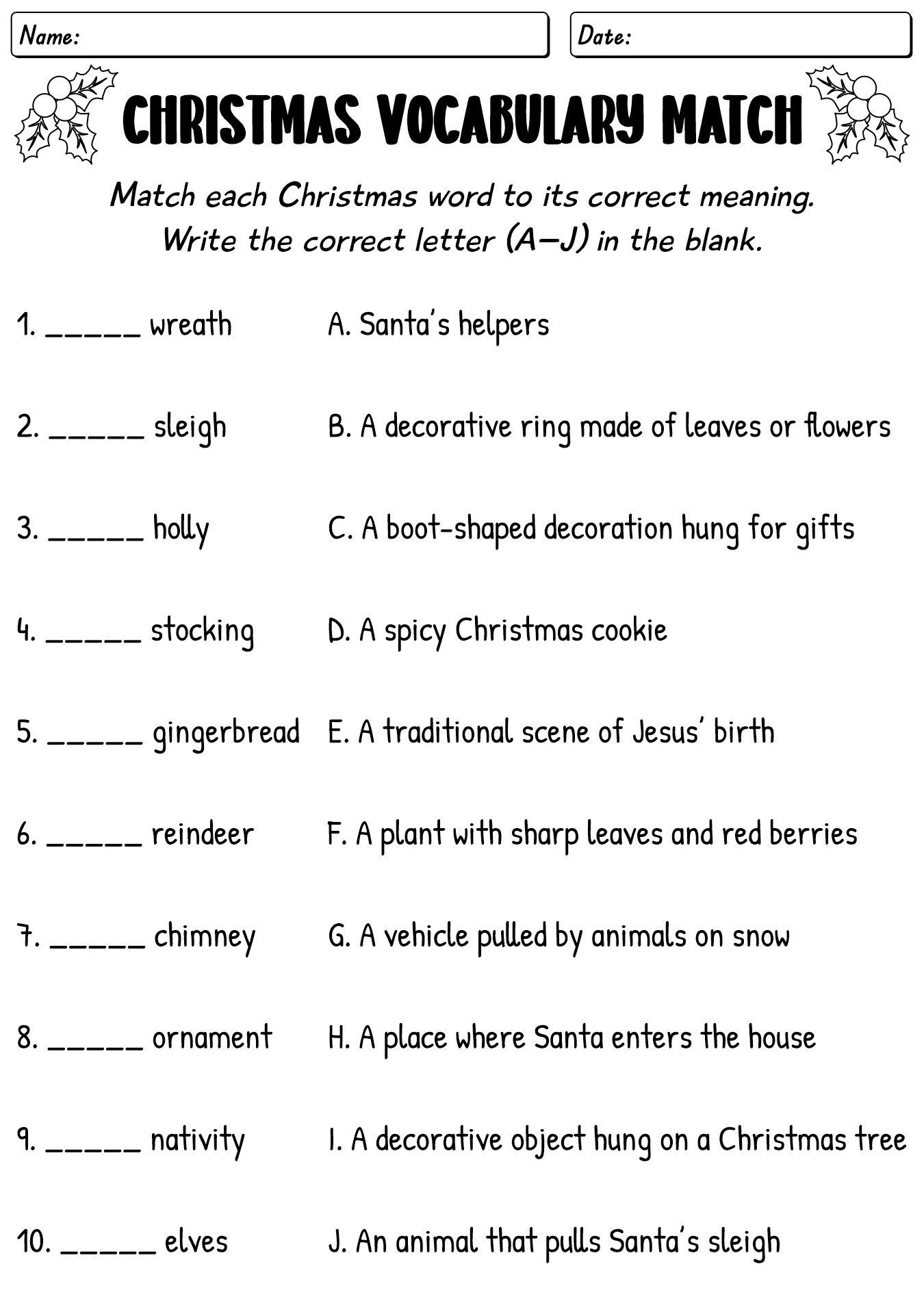 Printable Christmas Vocabulary Sheet