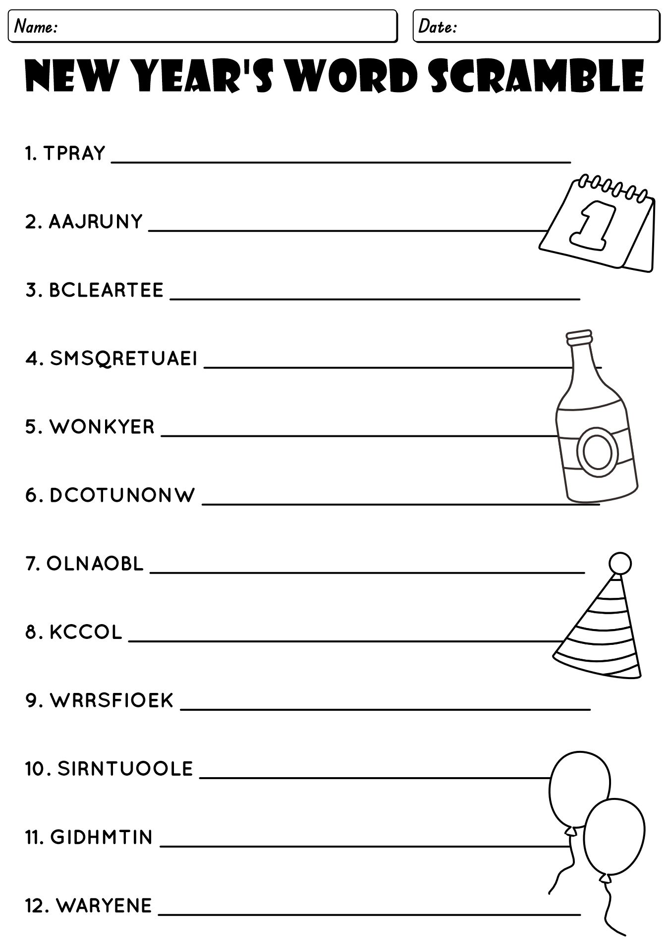 Printable New Years Word Scramble Games