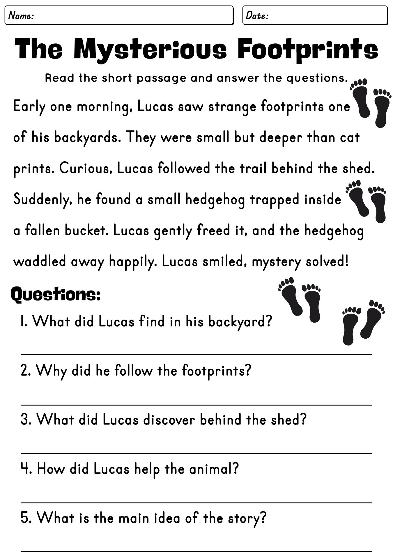 Printable Short Story Comprehension Worksheets