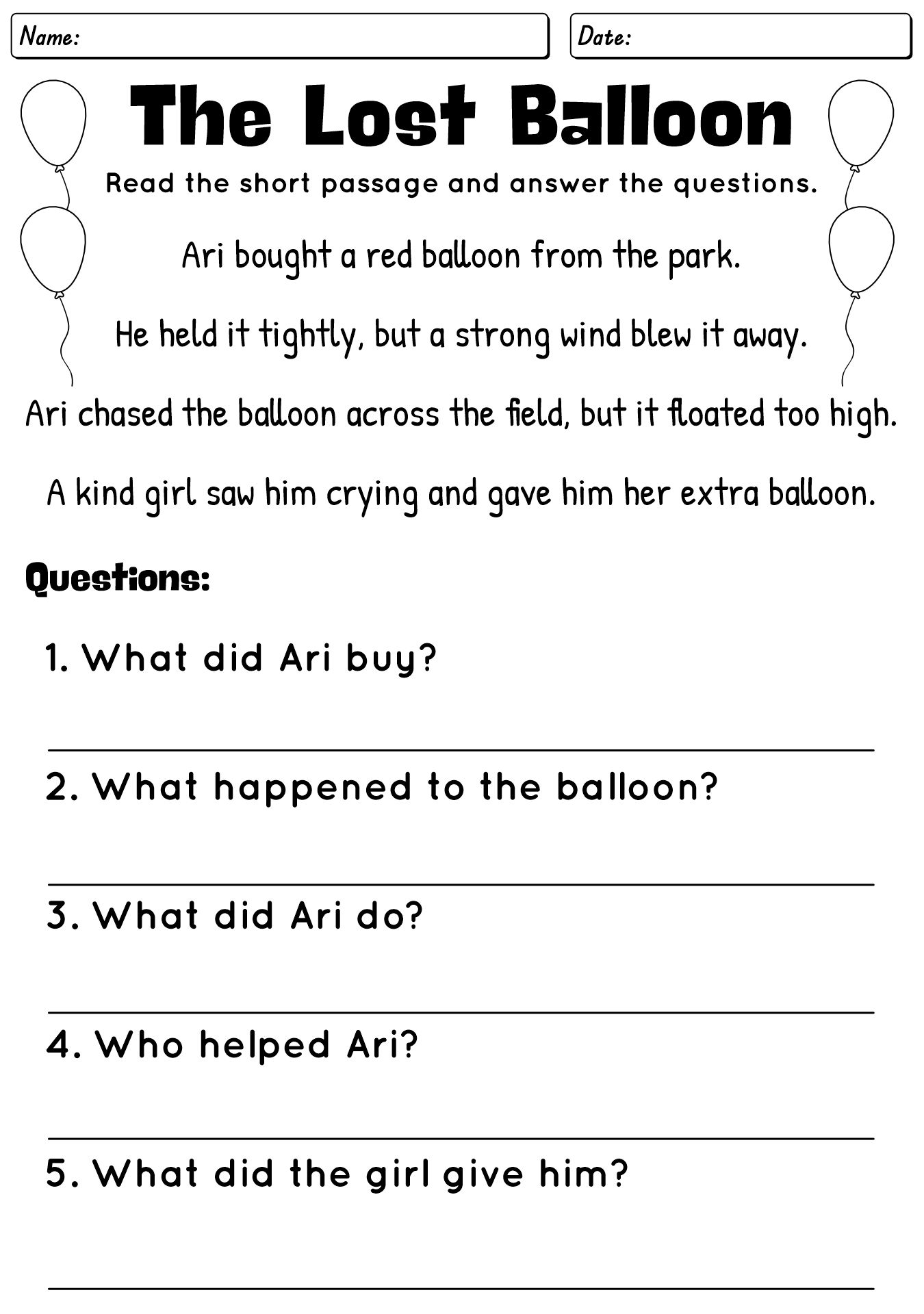 Printable Short Story Worksheets for Kids