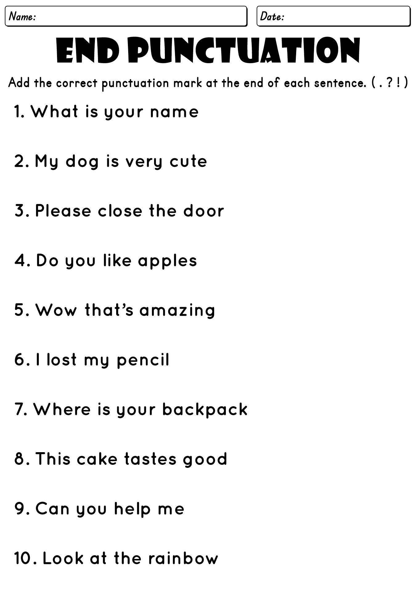 Punctuation Worksheets for 2nd Grade English