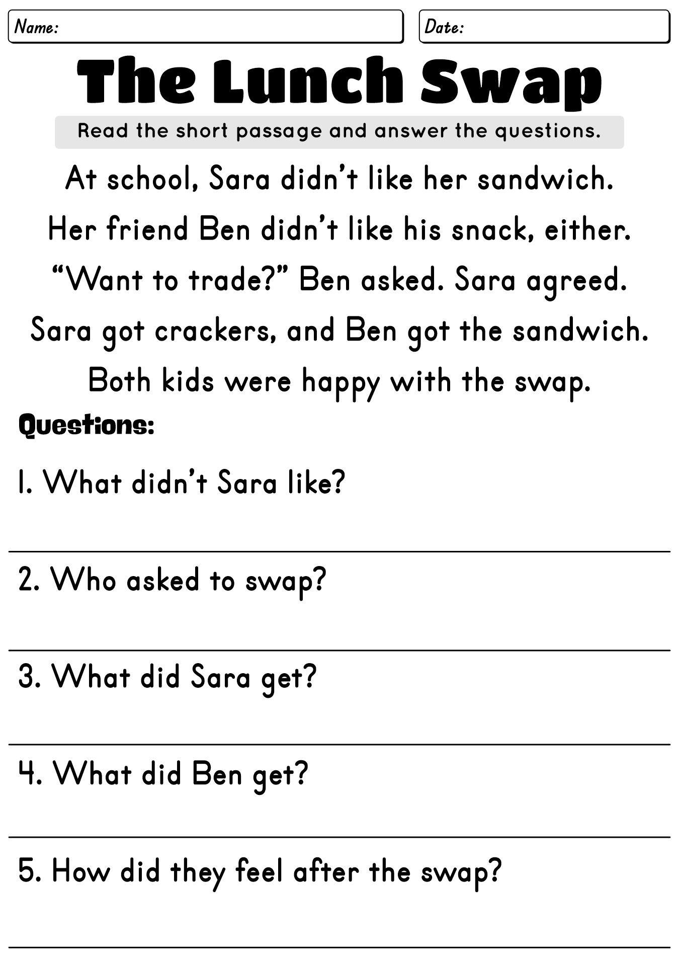 Short Story Reading Worksheets for 3rd Graders
