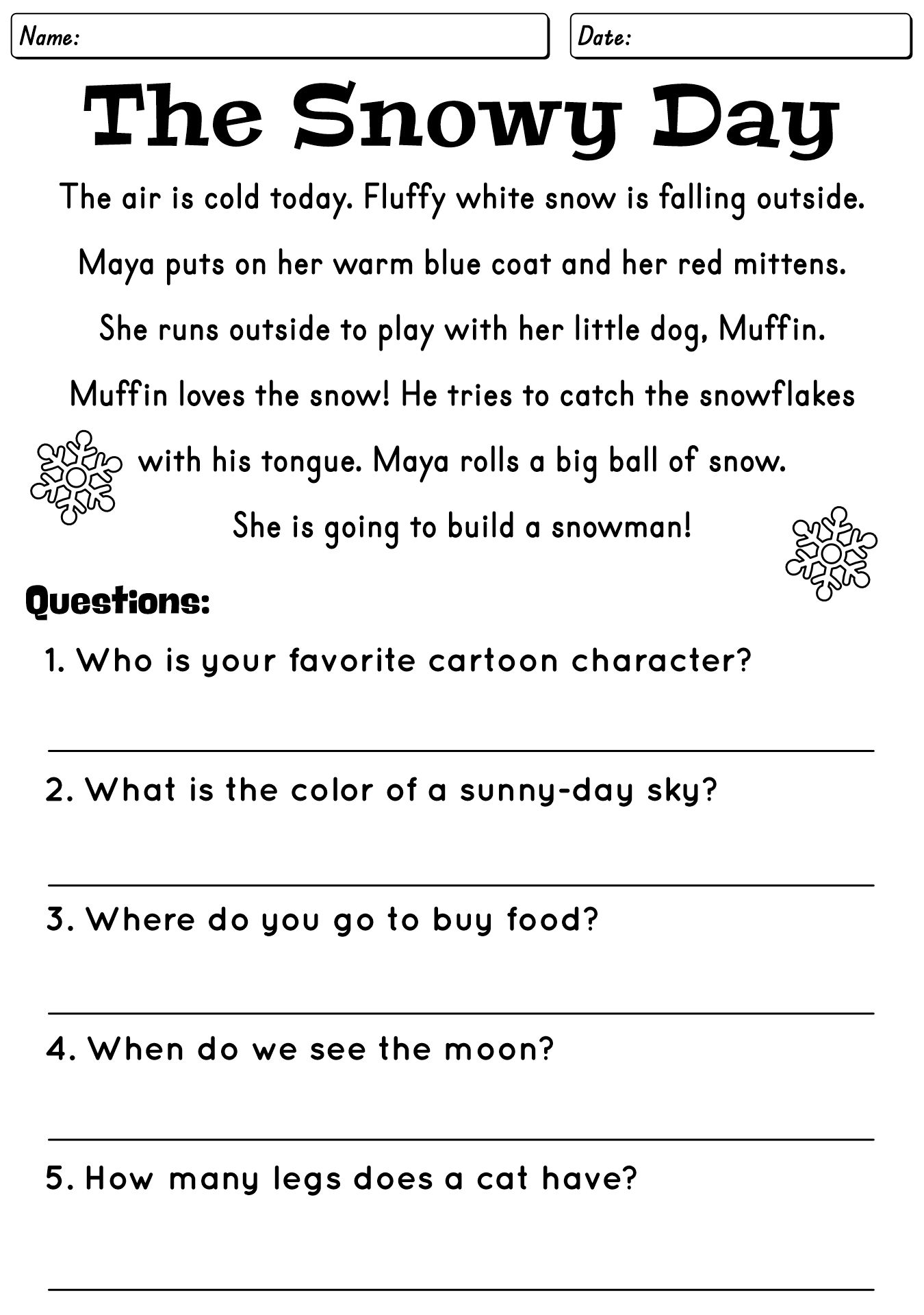 Winter Fun Stories Worksheet