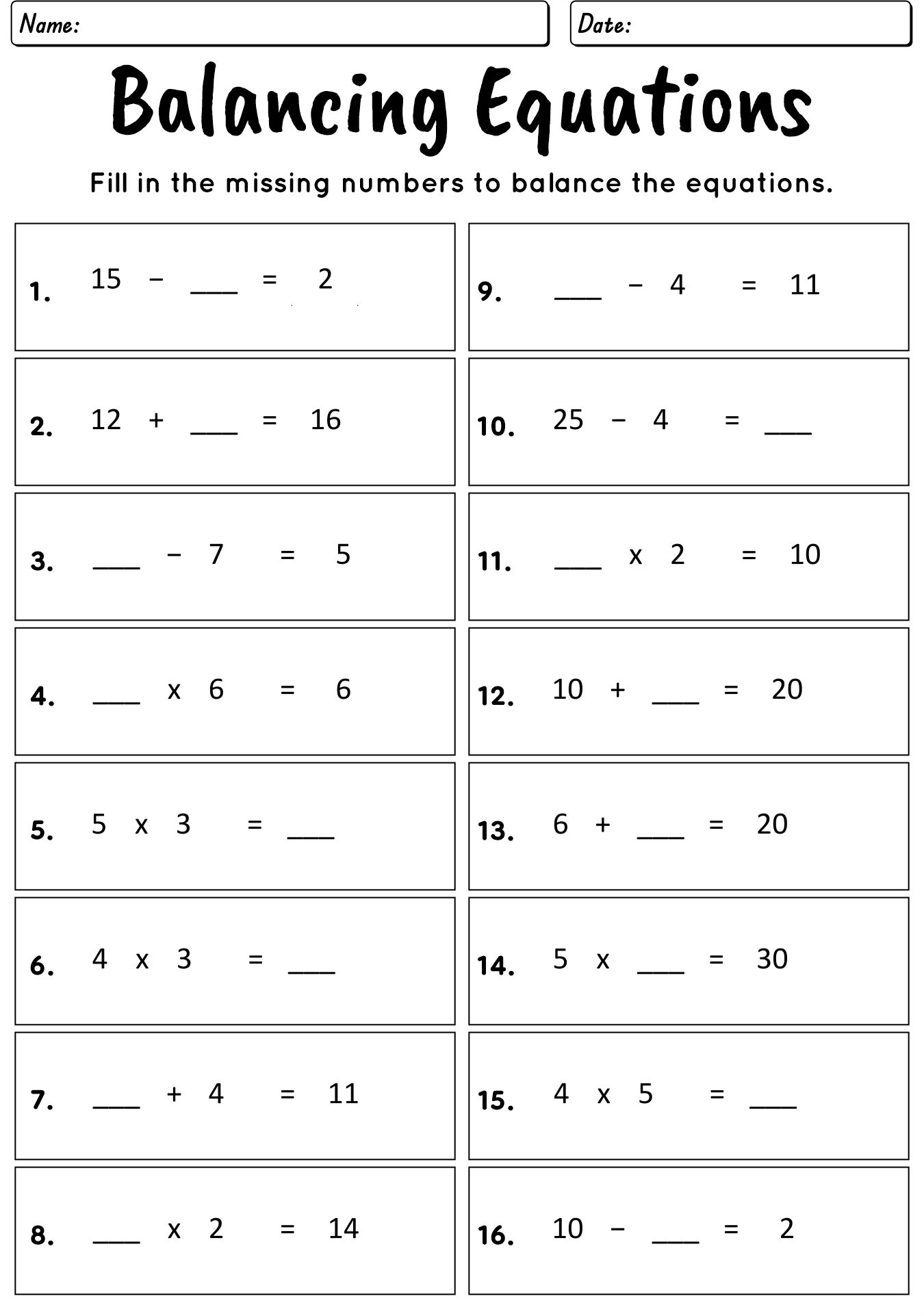 Elementary Algebra Balancing Equations