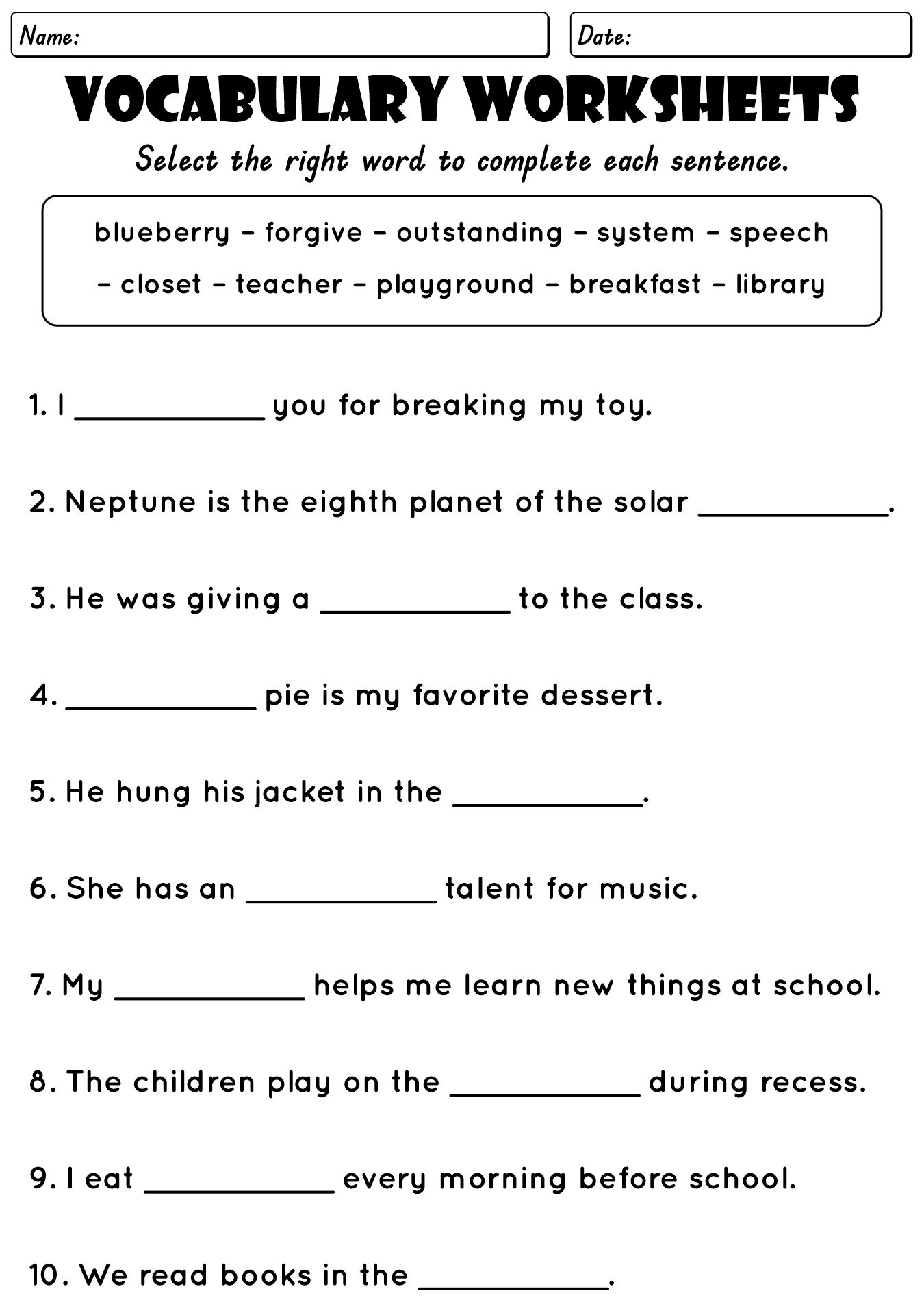 English Worksheets for 2nd Grade Vocabulary