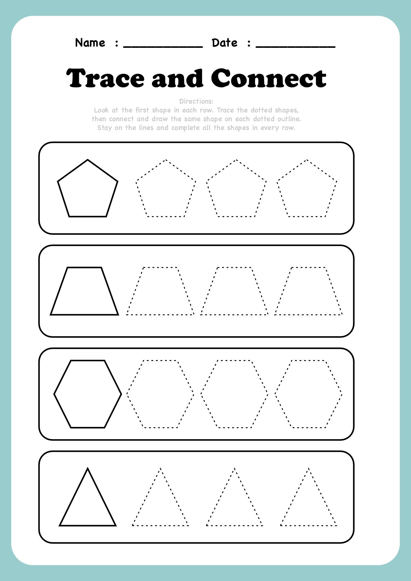 Kindergarten Dot to Dot Shapes Practice Pages