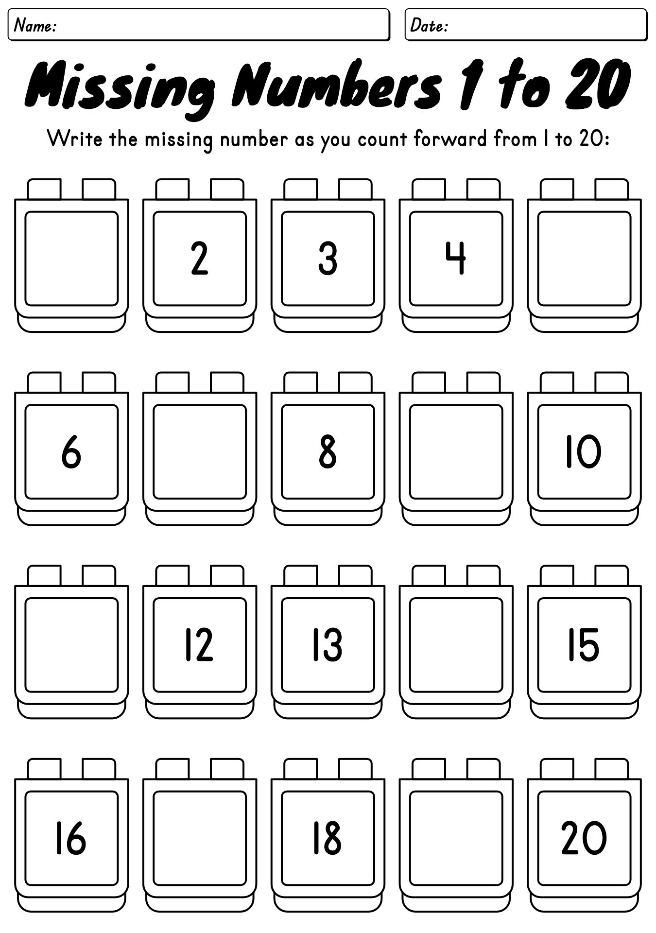 Kindergarten Missing Number Worksheets 1-20