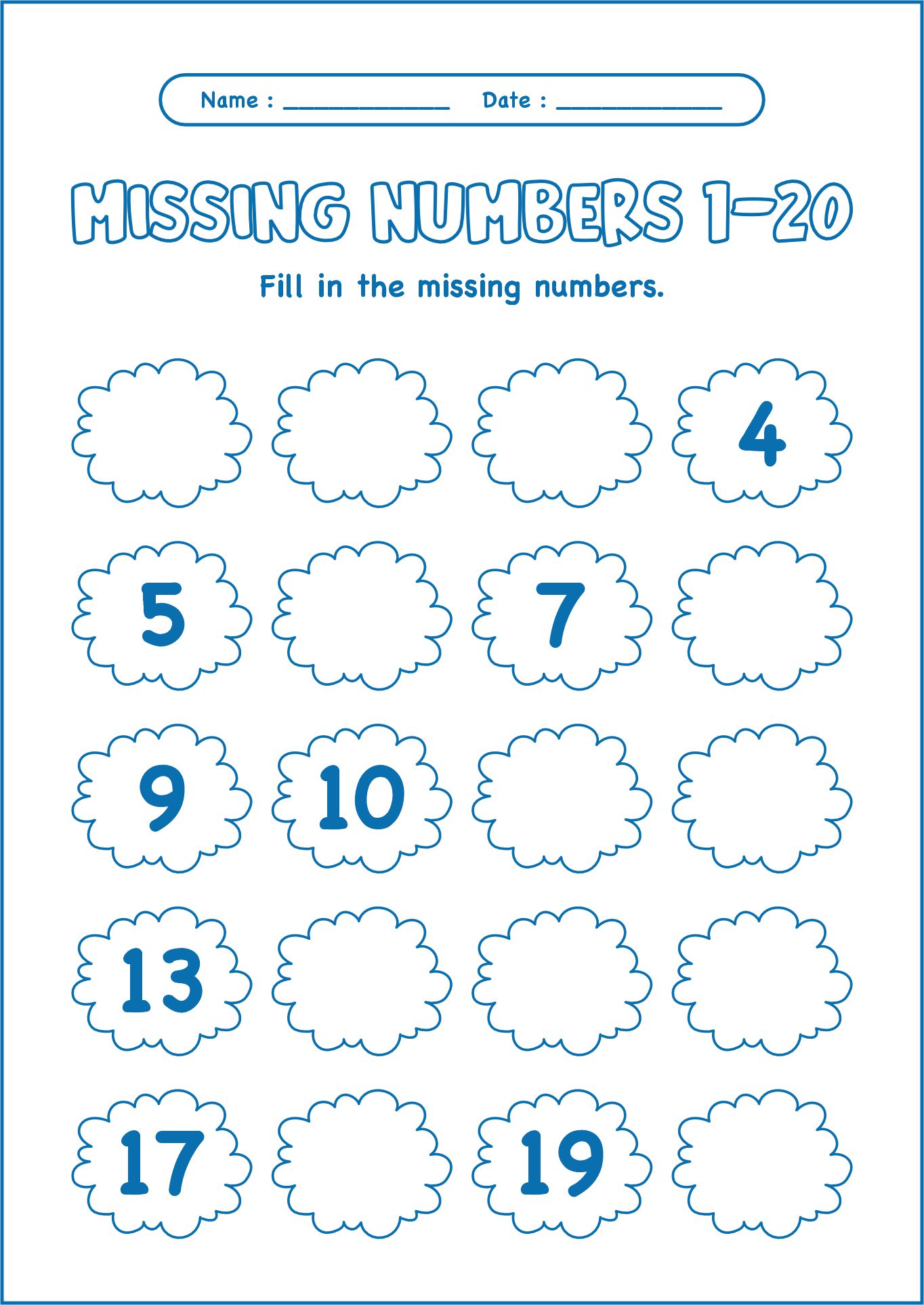 Kindergarten Missing Number Worksheets 1-20