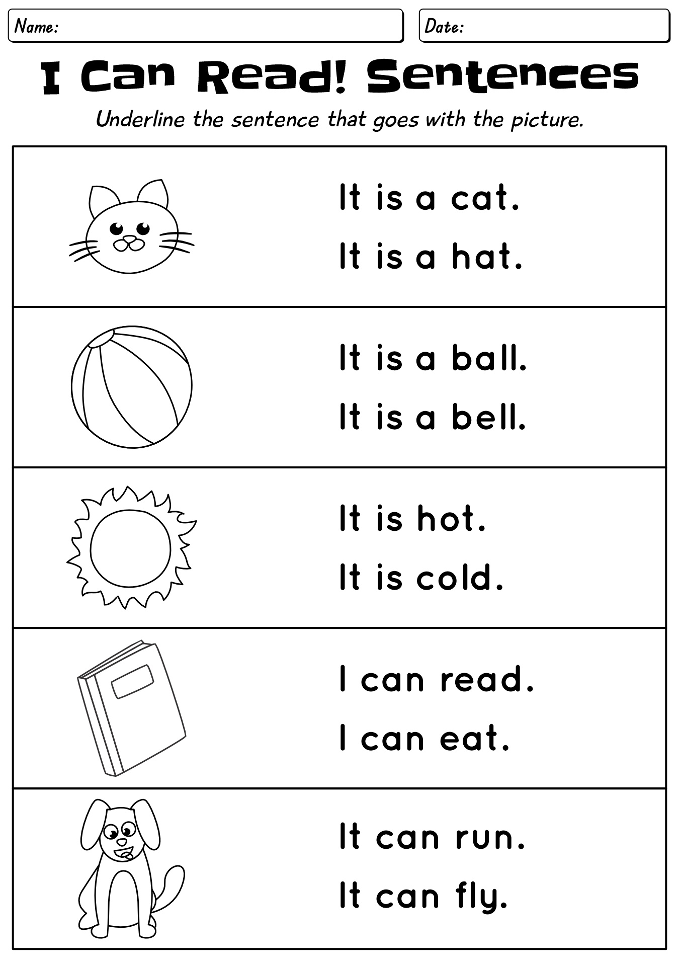 Kindergarten Sentence Reading Worksheet