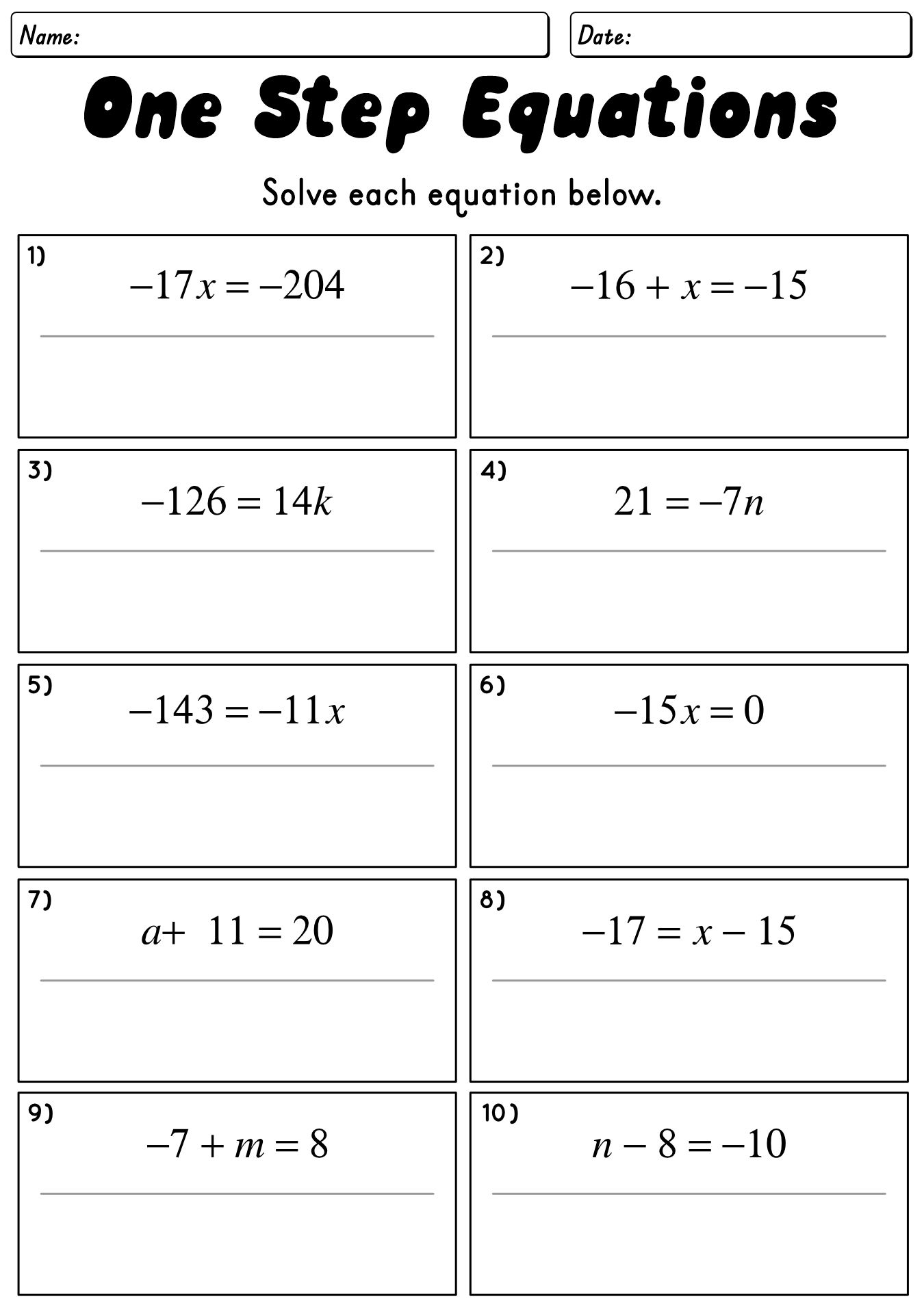 One Step Equations Worksheet