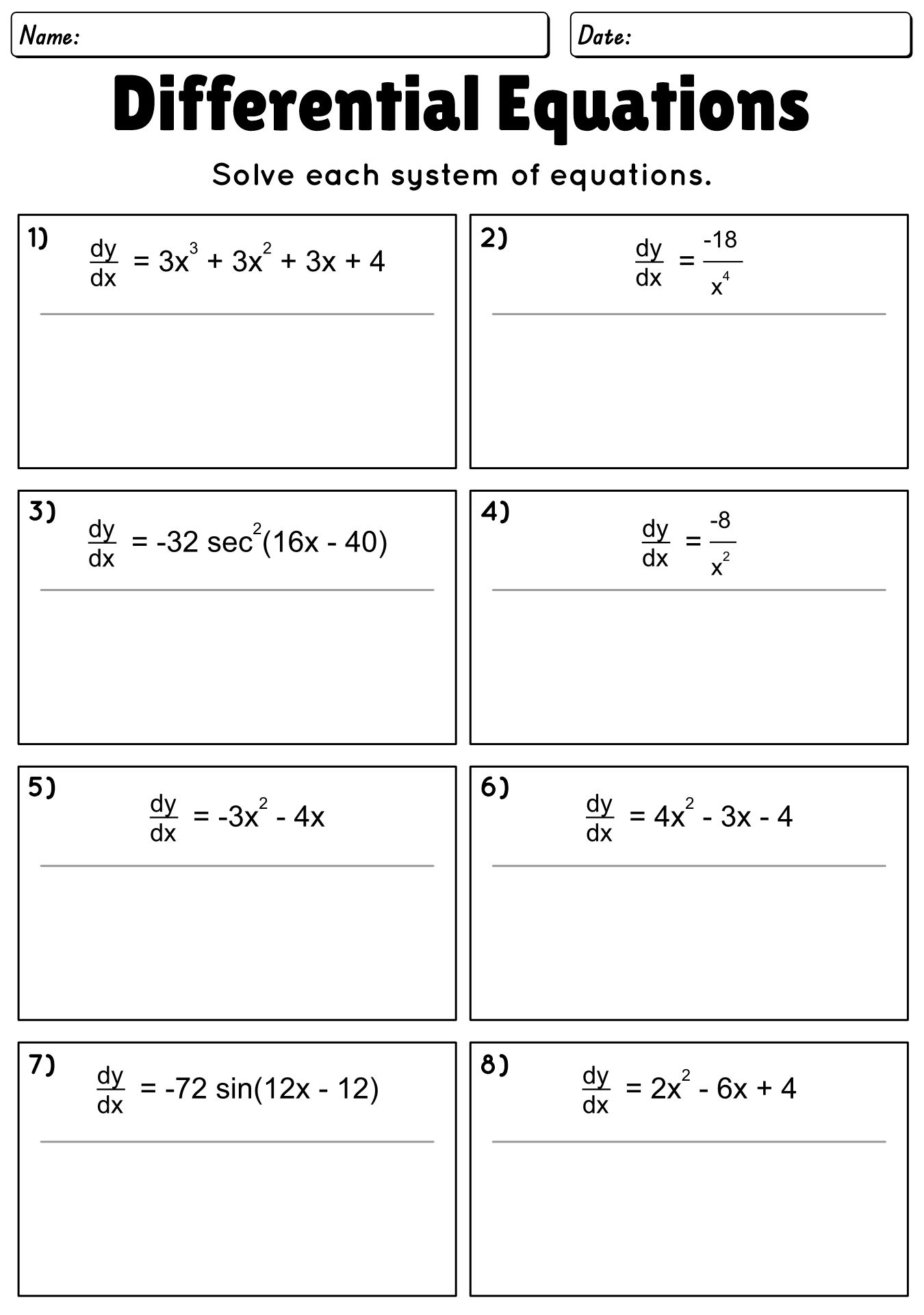 Printable Calculus Differential Equations Sheets