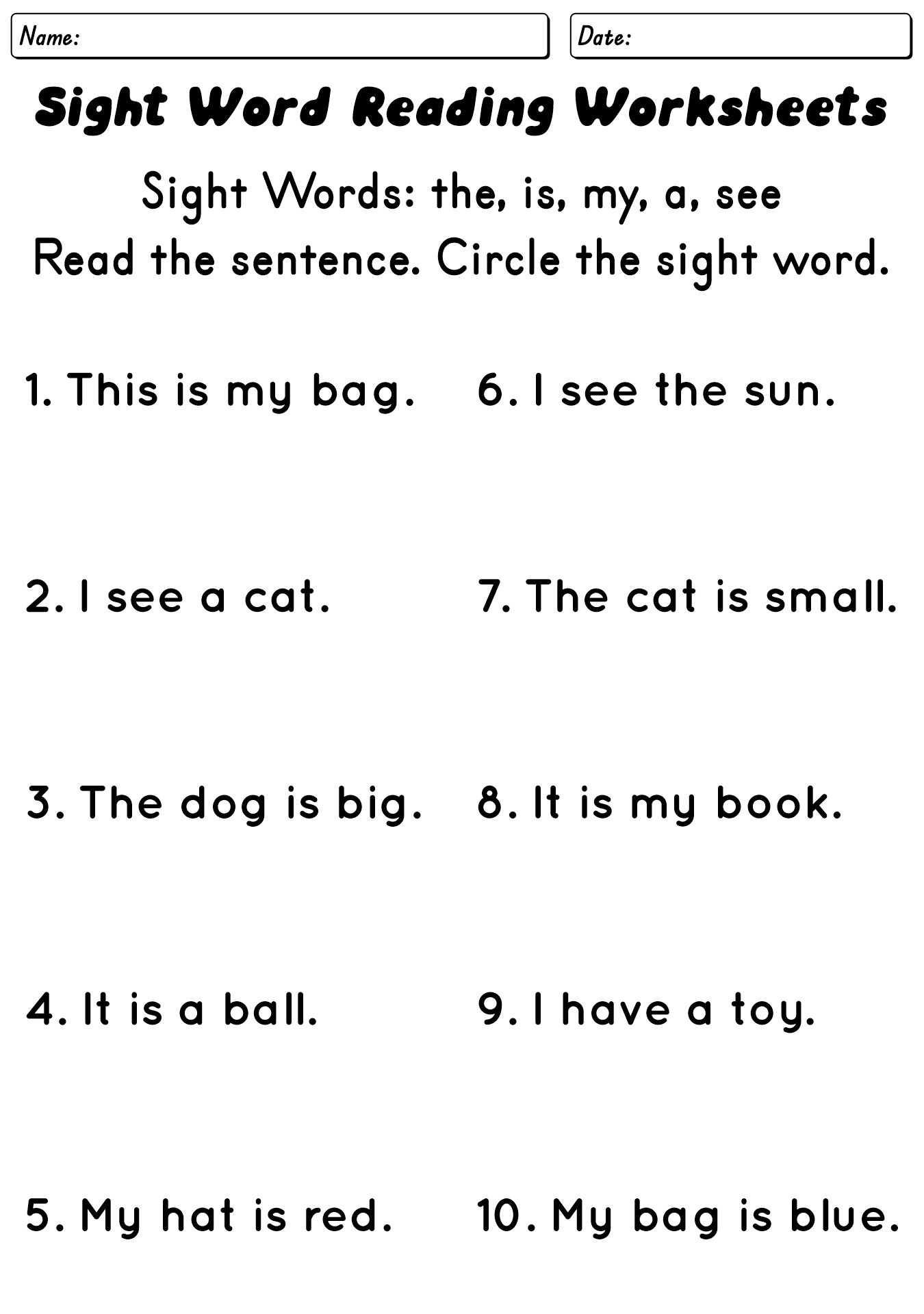 Printable Kindergarten Sight Word Reading Worksheets