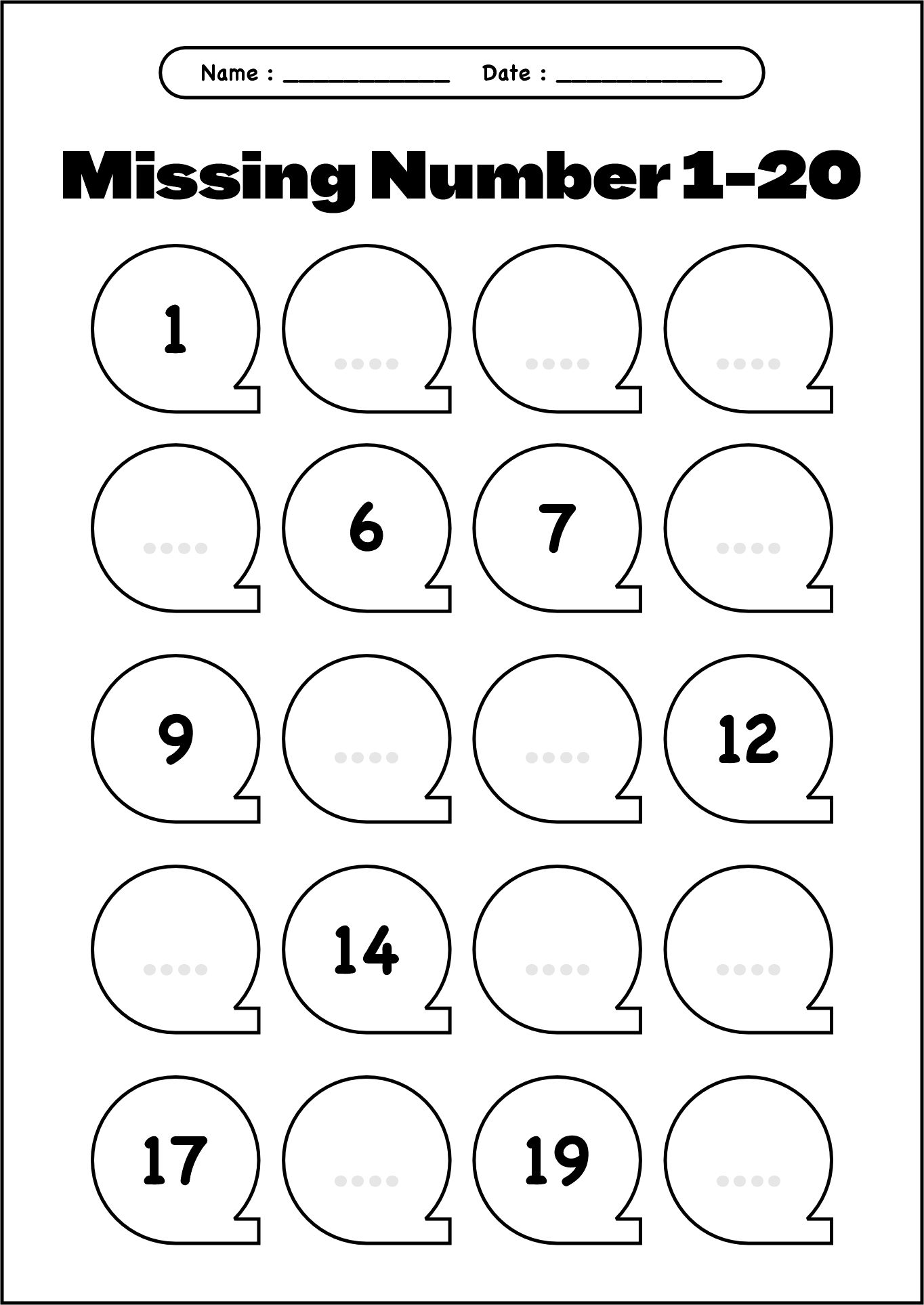 Printable Missing Number Worksheets 1-20
