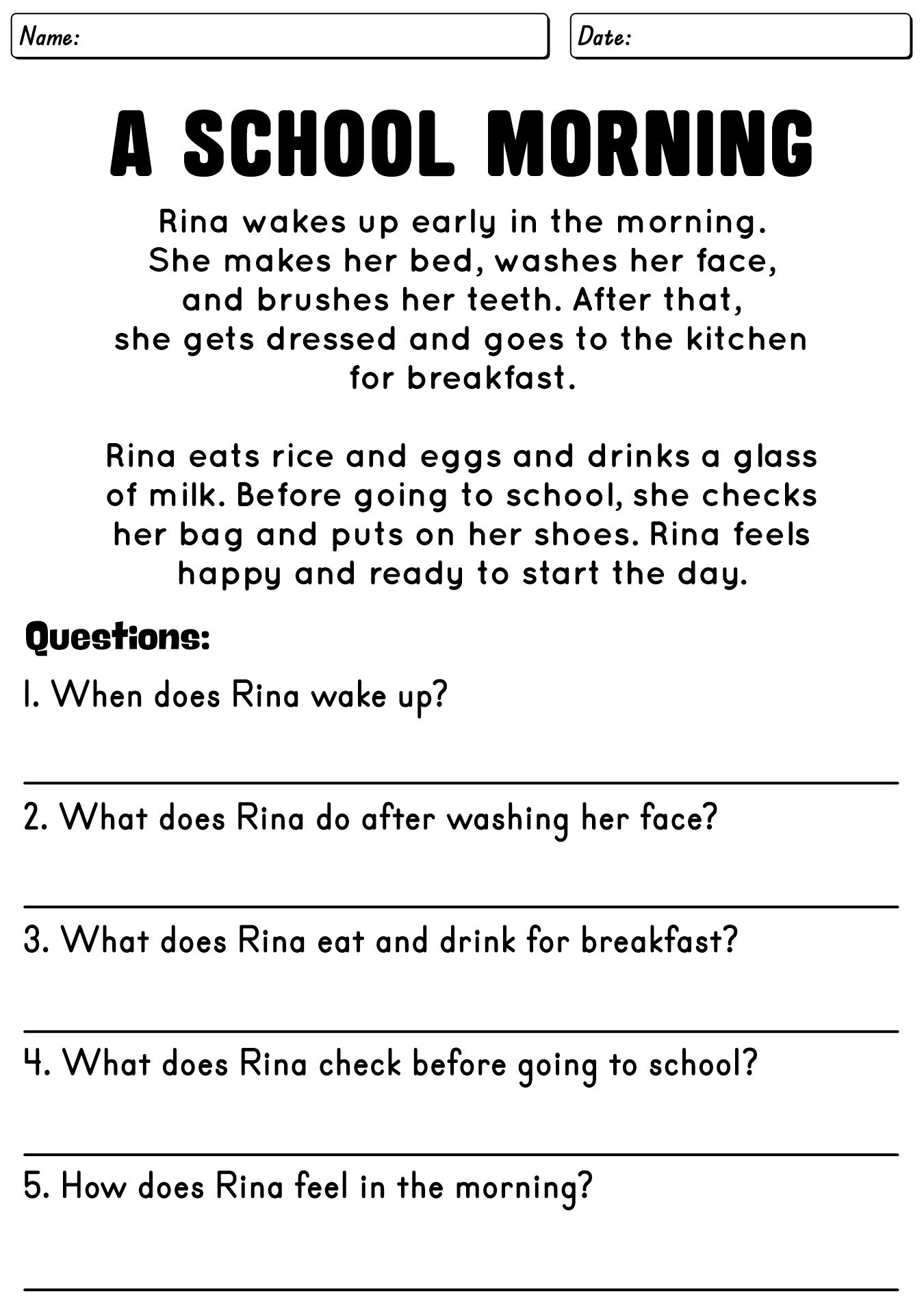 Reading Comprehension Worksheets for 3rd Grade English