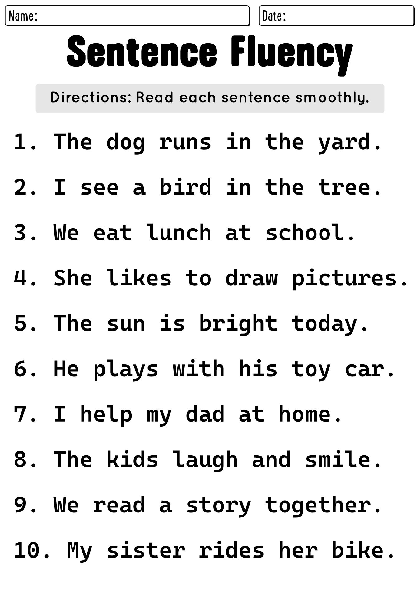 Reading Fluency Worksheets for Second Graders