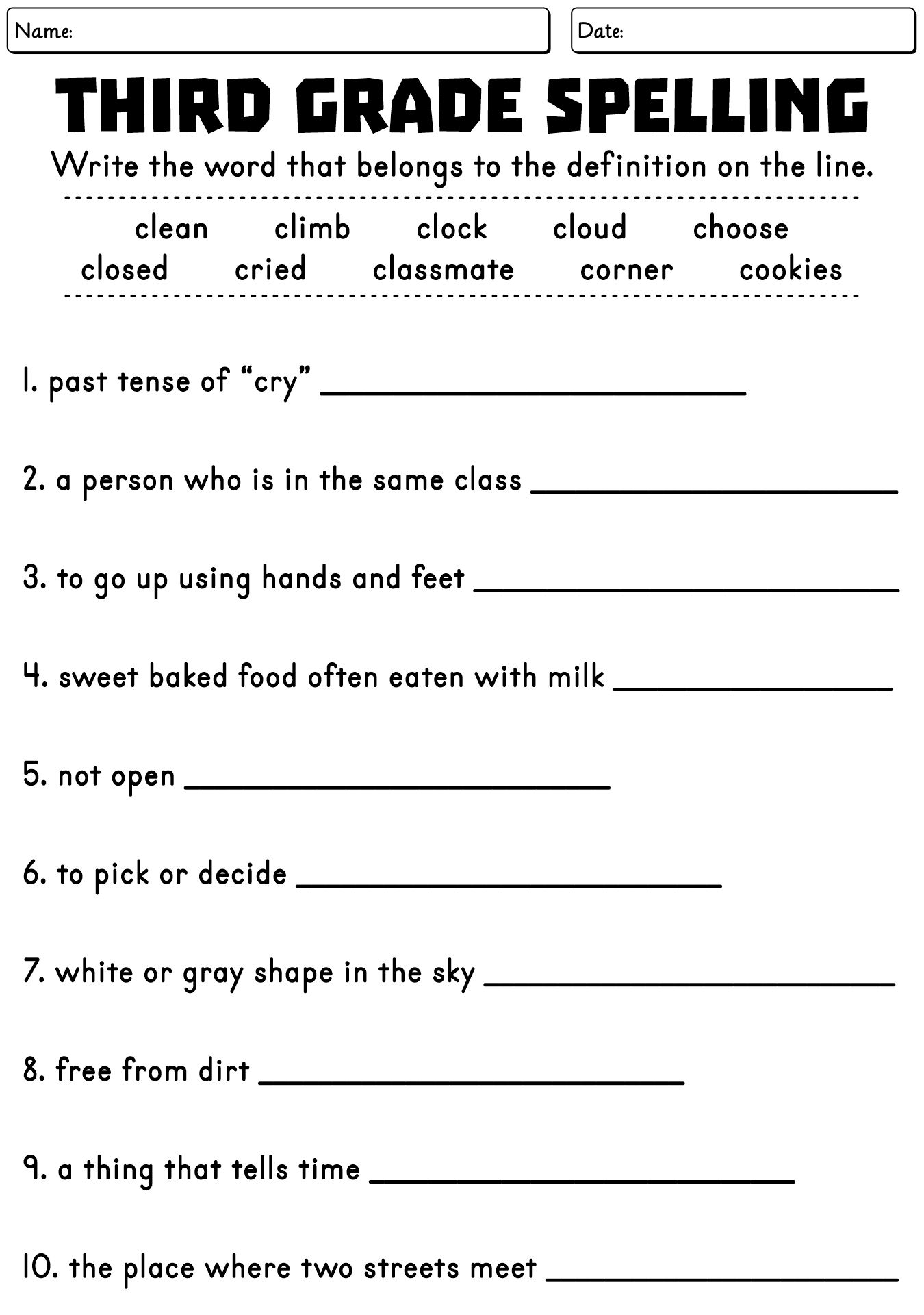 Third Grade Spelling Words Worksheets