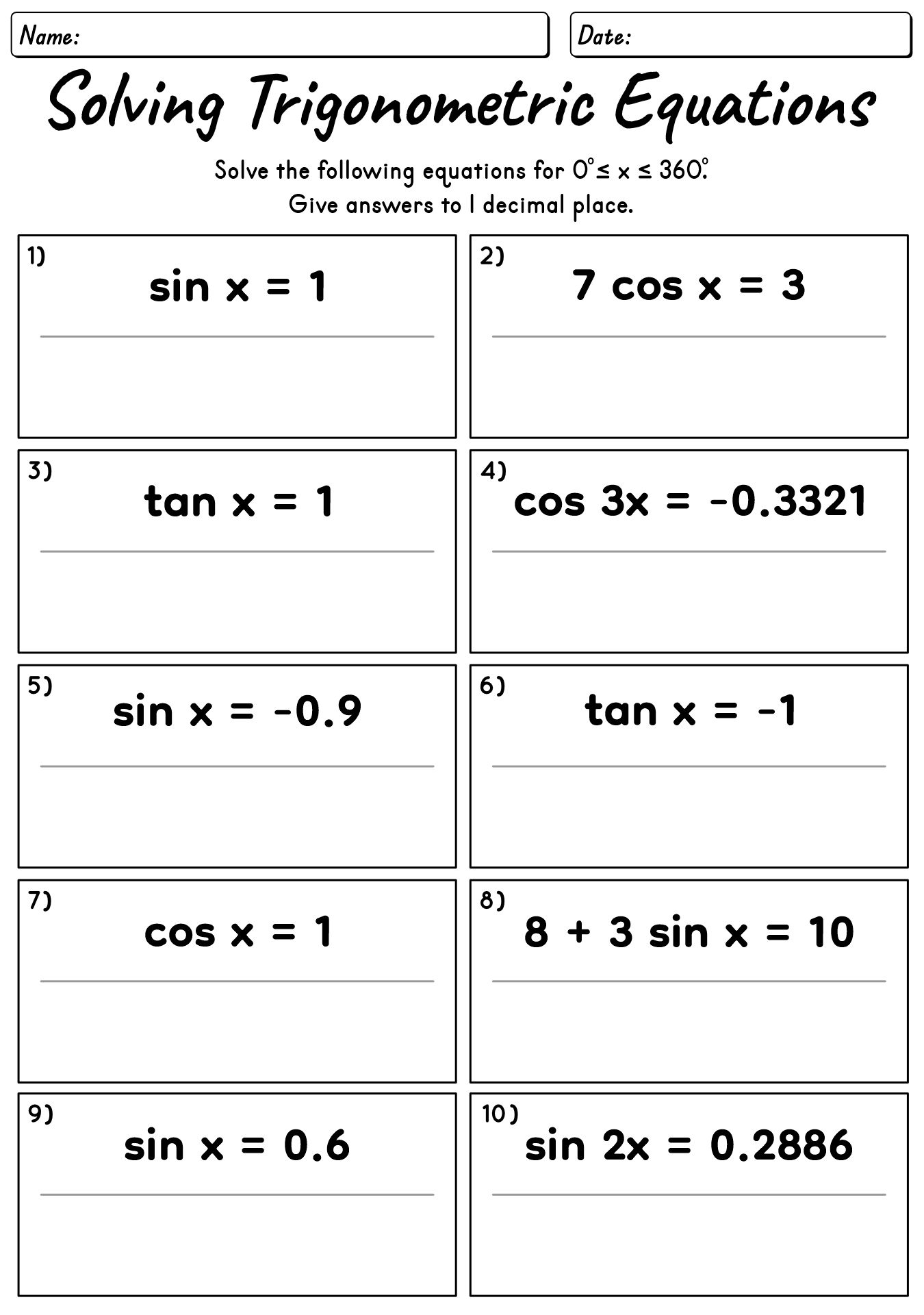 Trigonometry Equations Math Practice Sheets