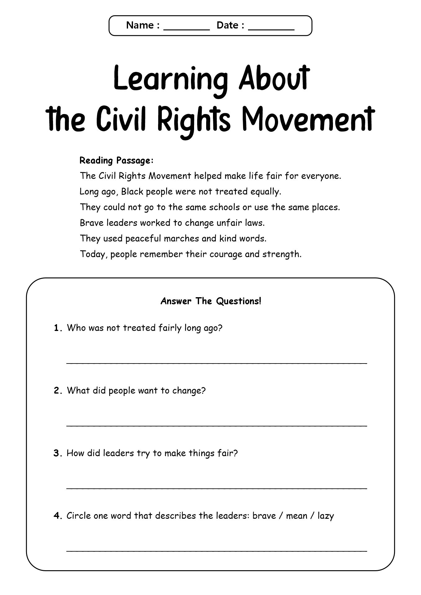 2nd Grade Civil Rights Movement Printables