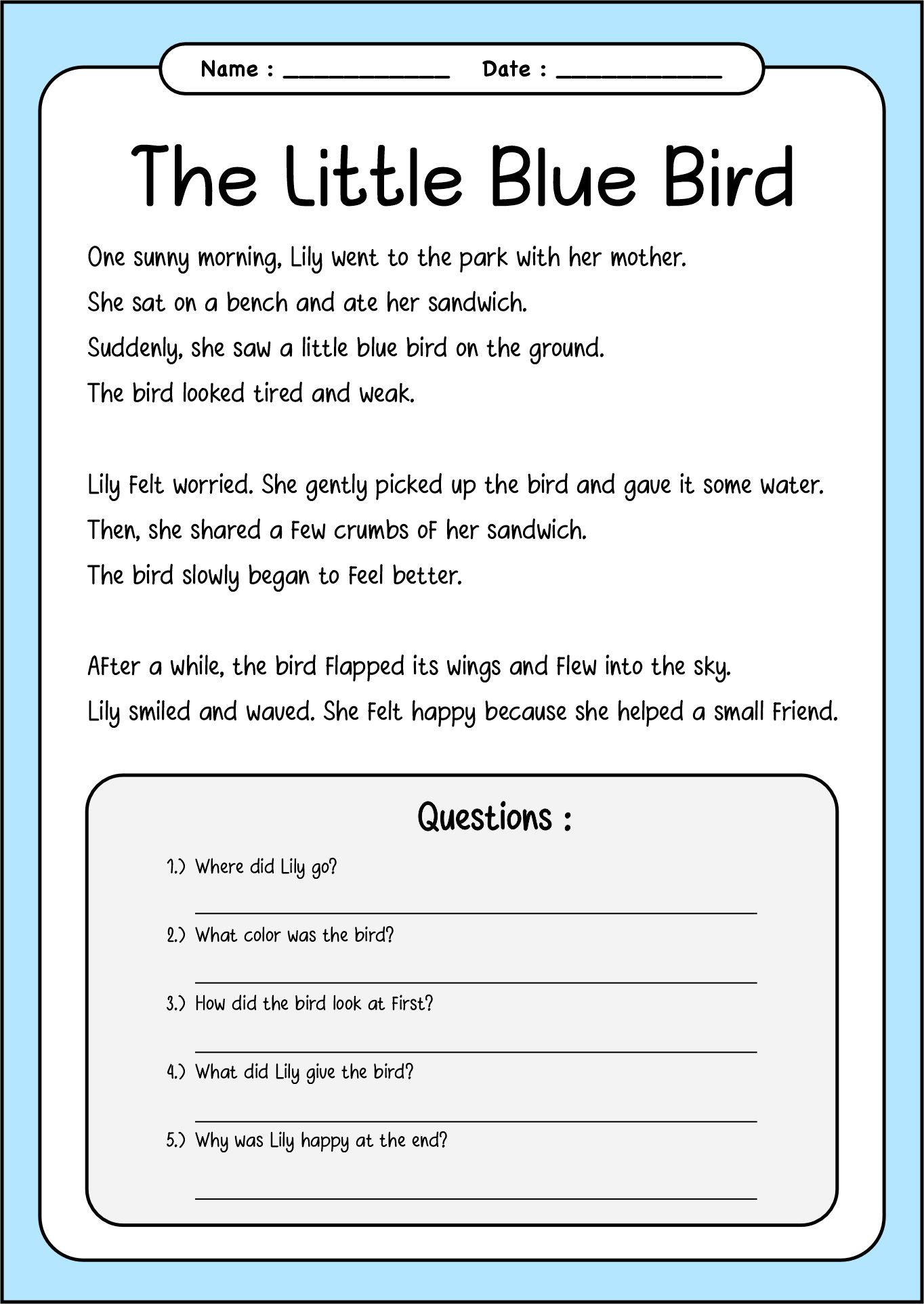 2nd Grade English Reading Comprehension Sheets