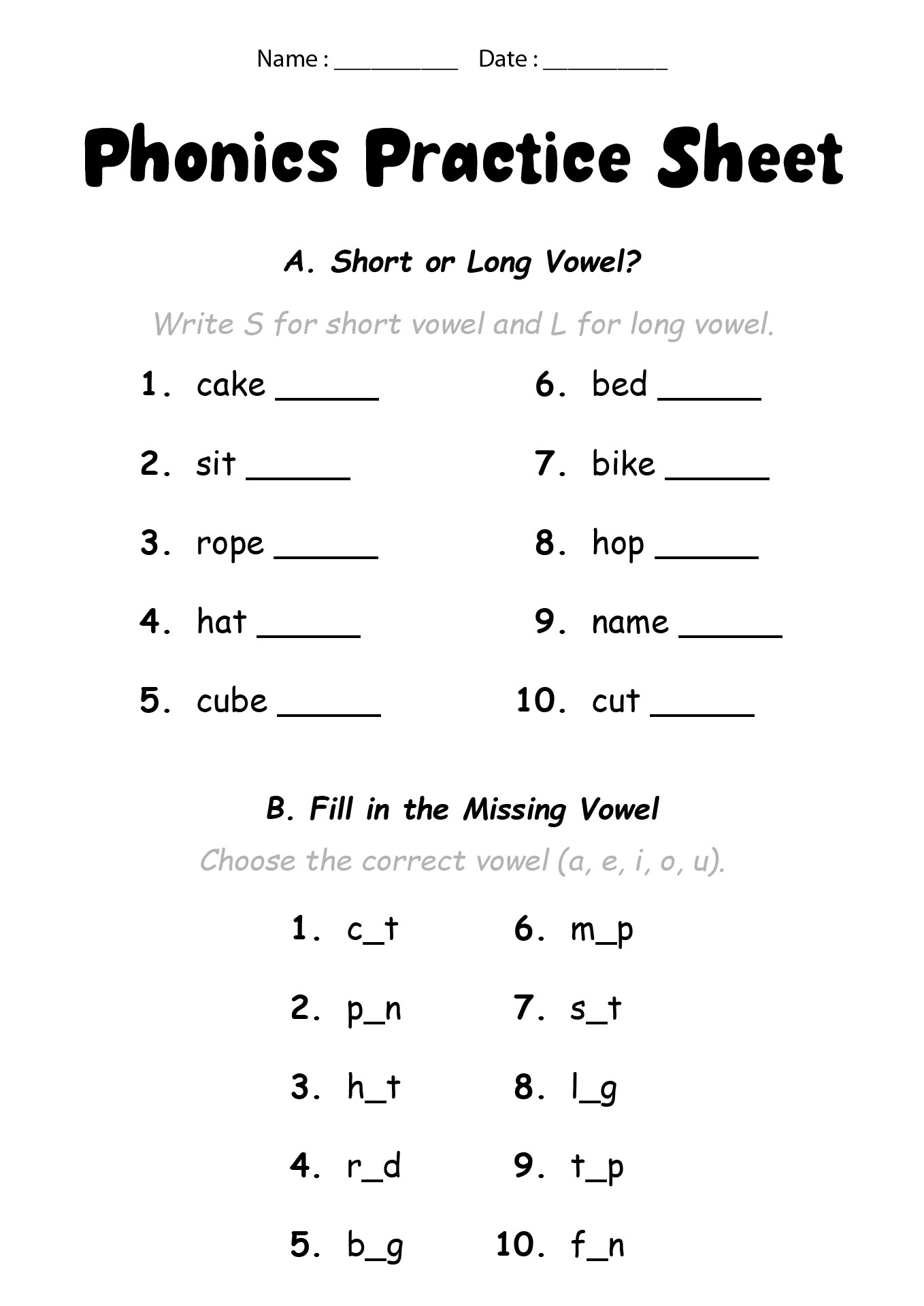 2nd Grade Phonics Practice Sheets