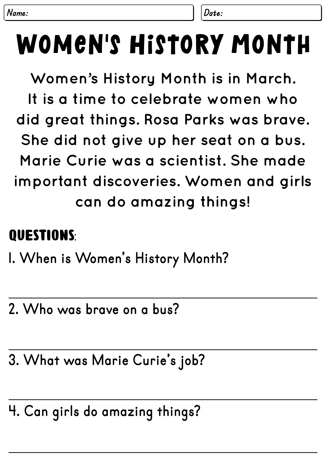 2nd Grade Womens History Month Worksheet