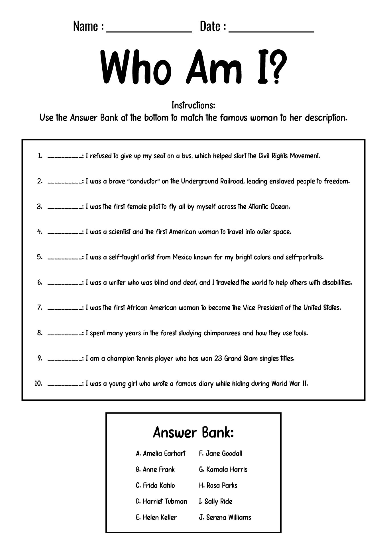3rd Grade Womens History Month Quiz Sheets