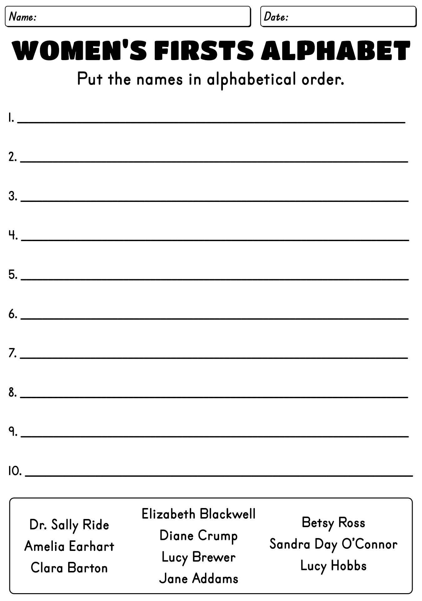 3rd Grade Worksheets for Womens History Month Projects