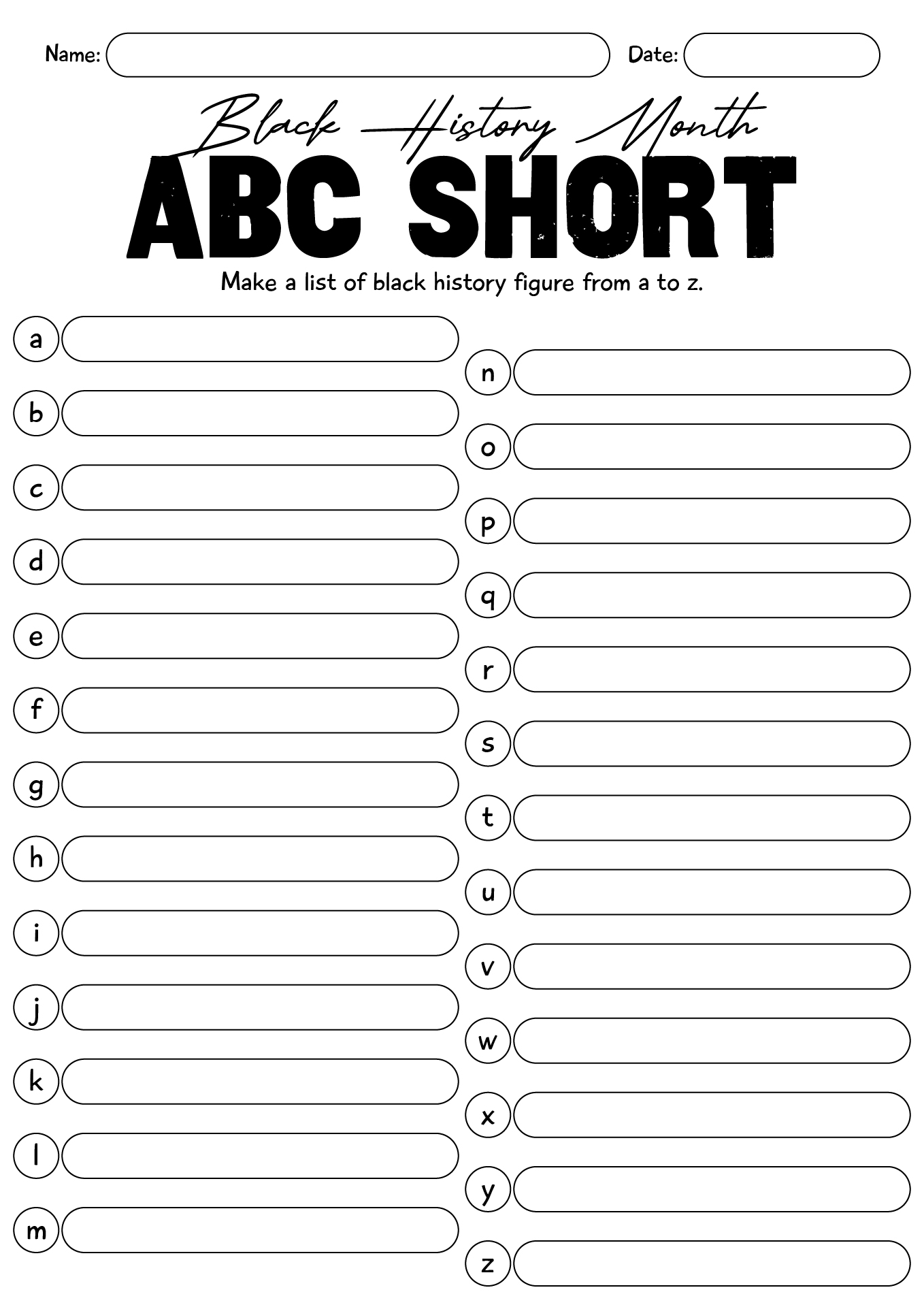 ABC Sort BBlack History Month Worksheet