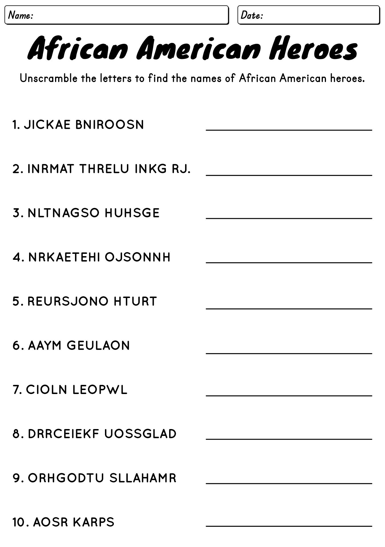 African American Heroes Elementary Worksheets