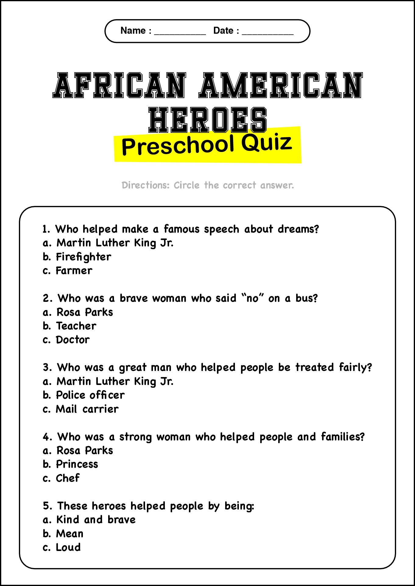 African American Heroes Preschool Activities