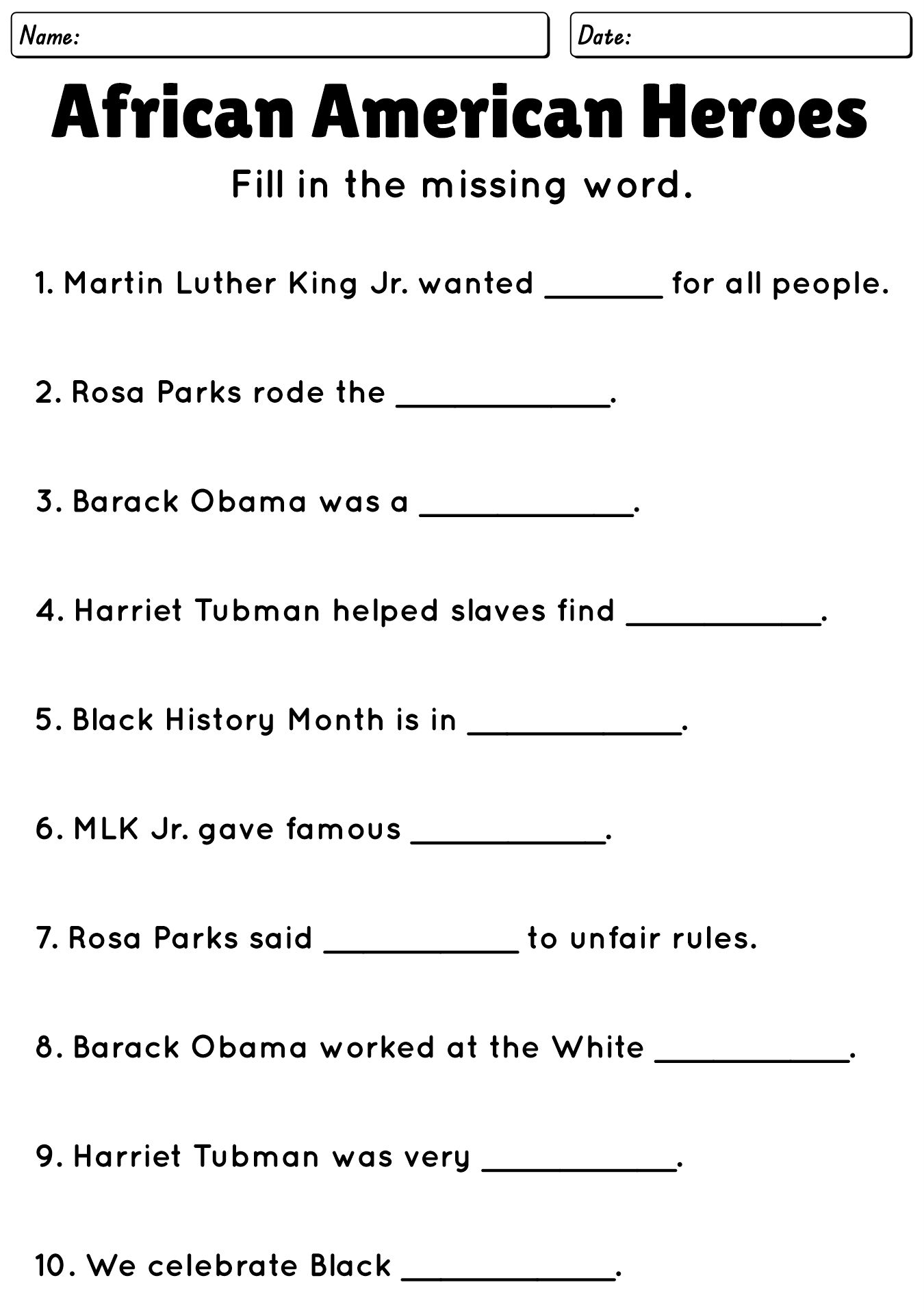 African American Heroes Preschool Worksheets