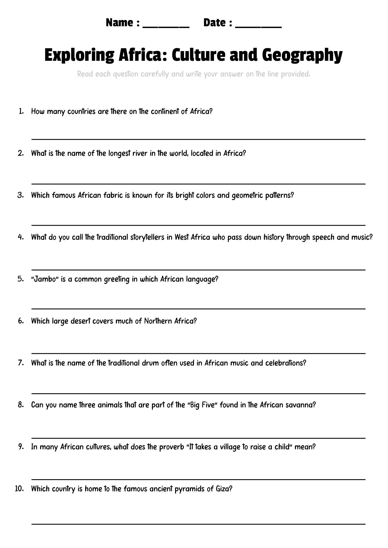 African Culture Elementary Education Sheets