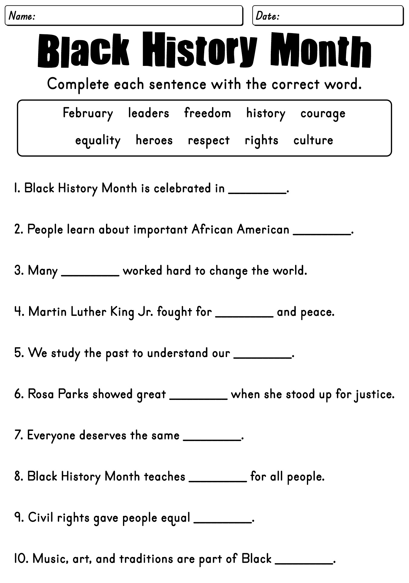 Black History Facts Worksheets