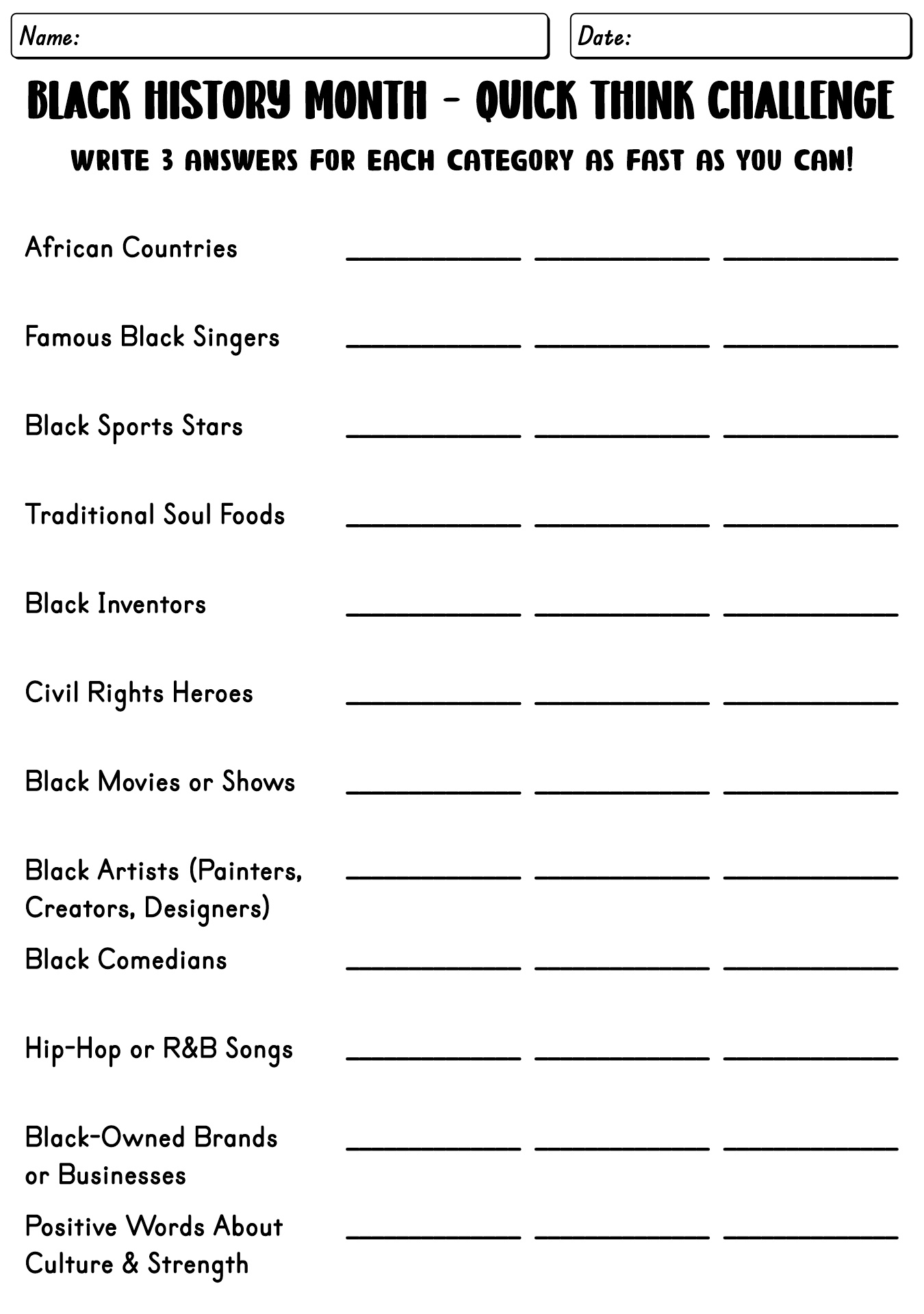 Black History Month Activity Sheet
