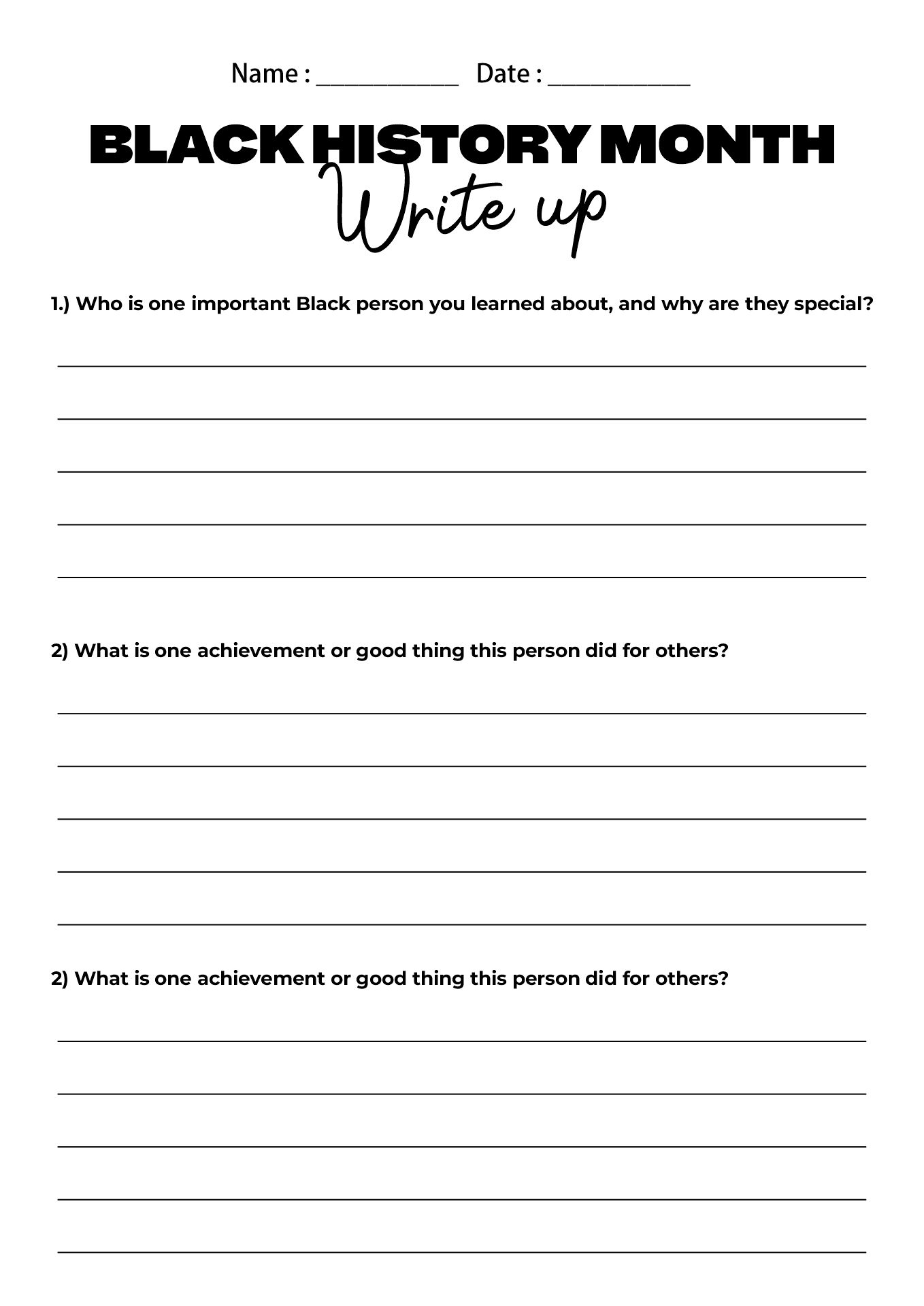 Black History Month Activity Worksheet for Elementary Students