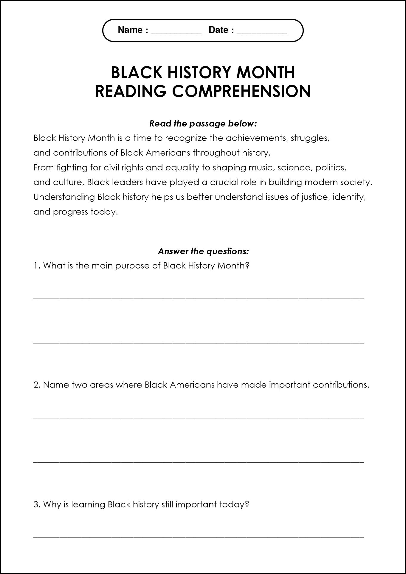 Black History Month Activity Worksheet for High School Students