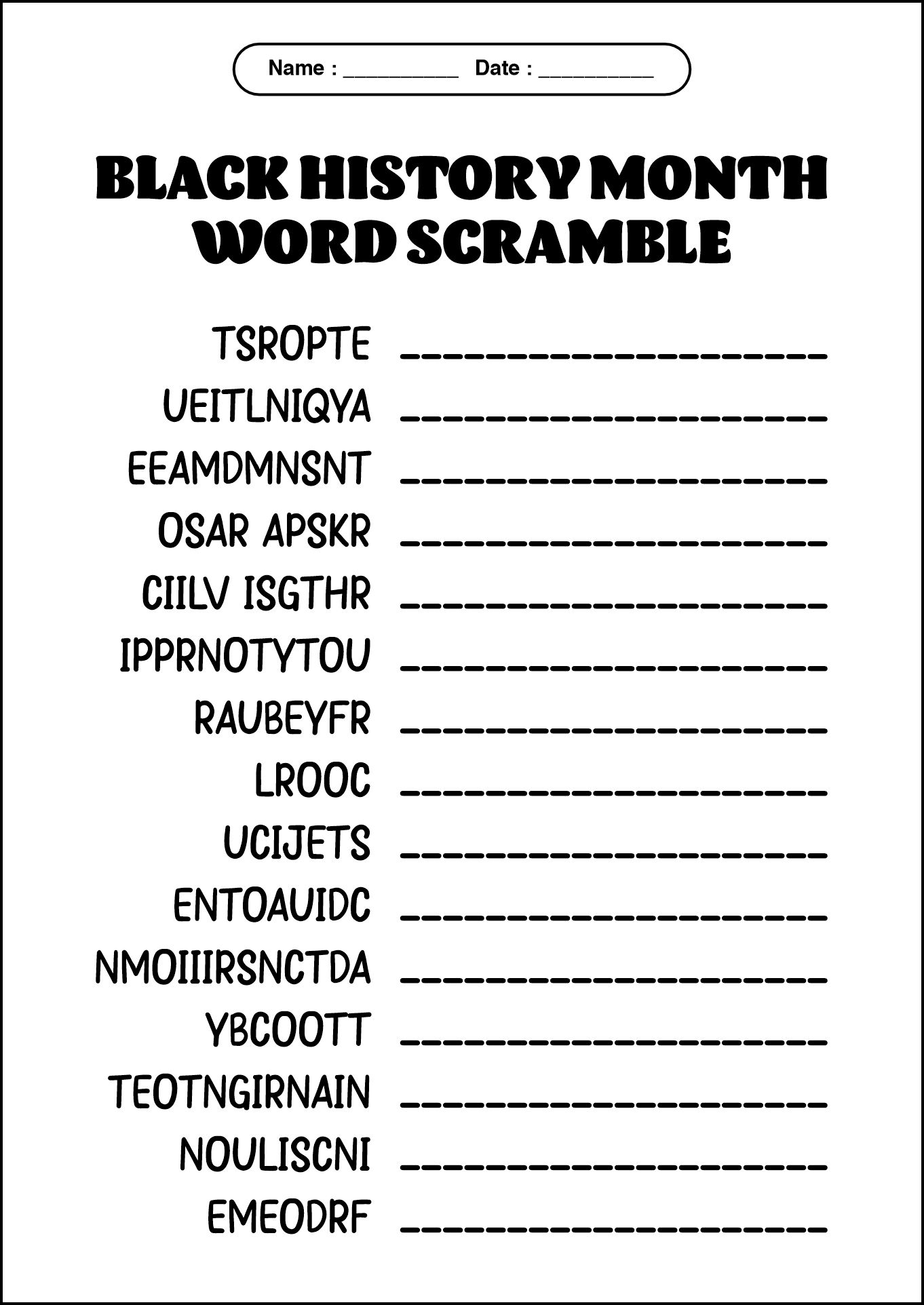 Black History Month Activity Worksheet for Students