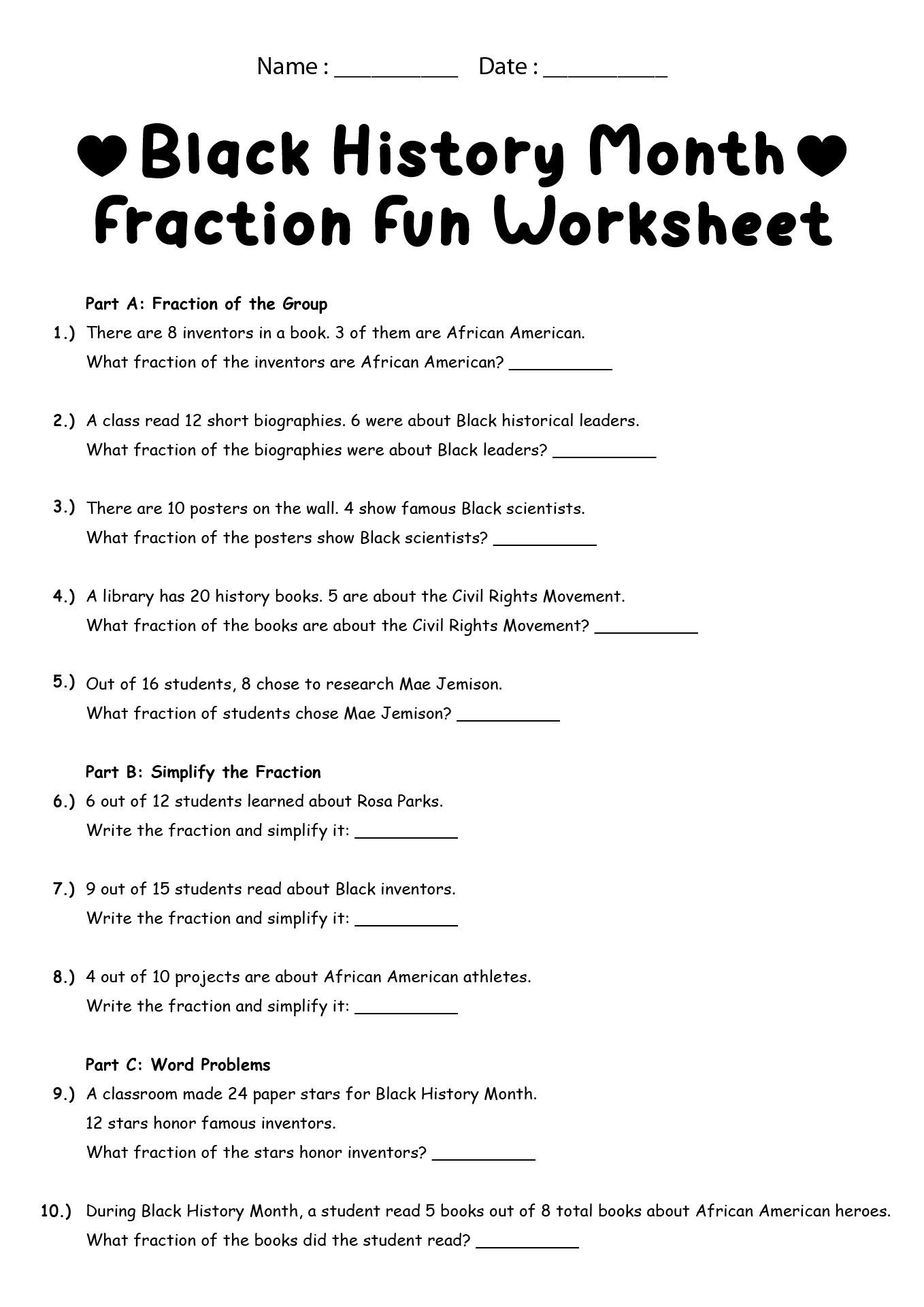 Black History Month Fraction Worksheets for Kids