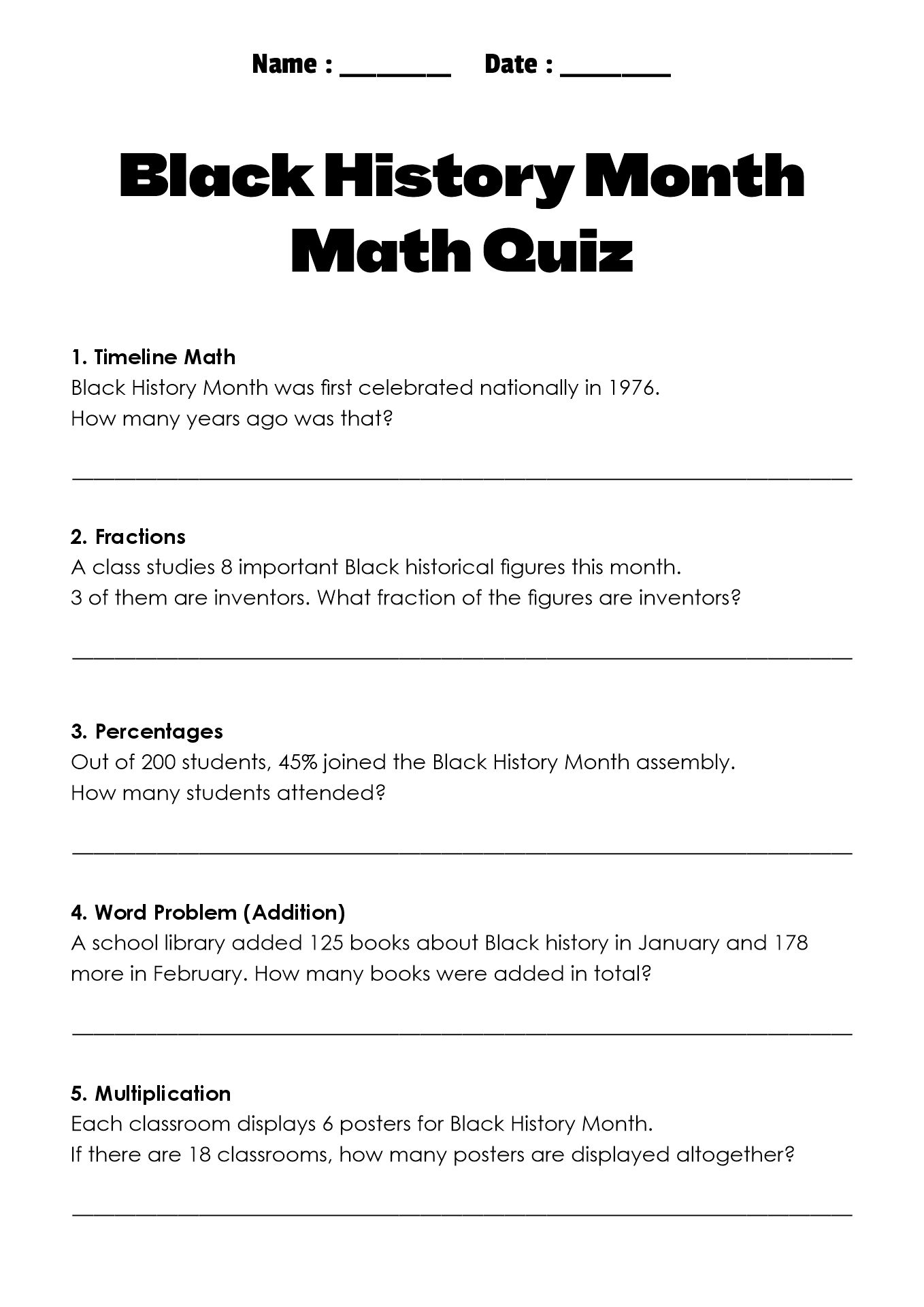 Black History Month Math Quizzes for Middle School