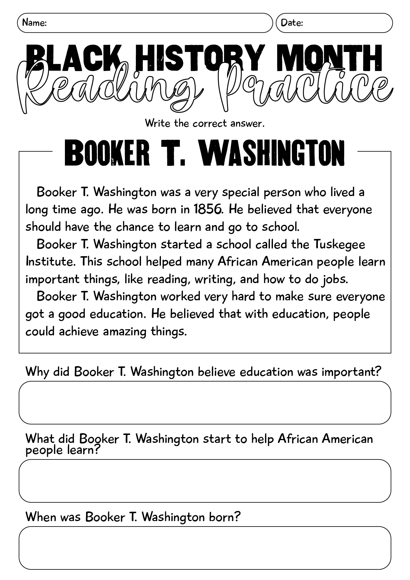 Black History Month Reading Practice Sheet