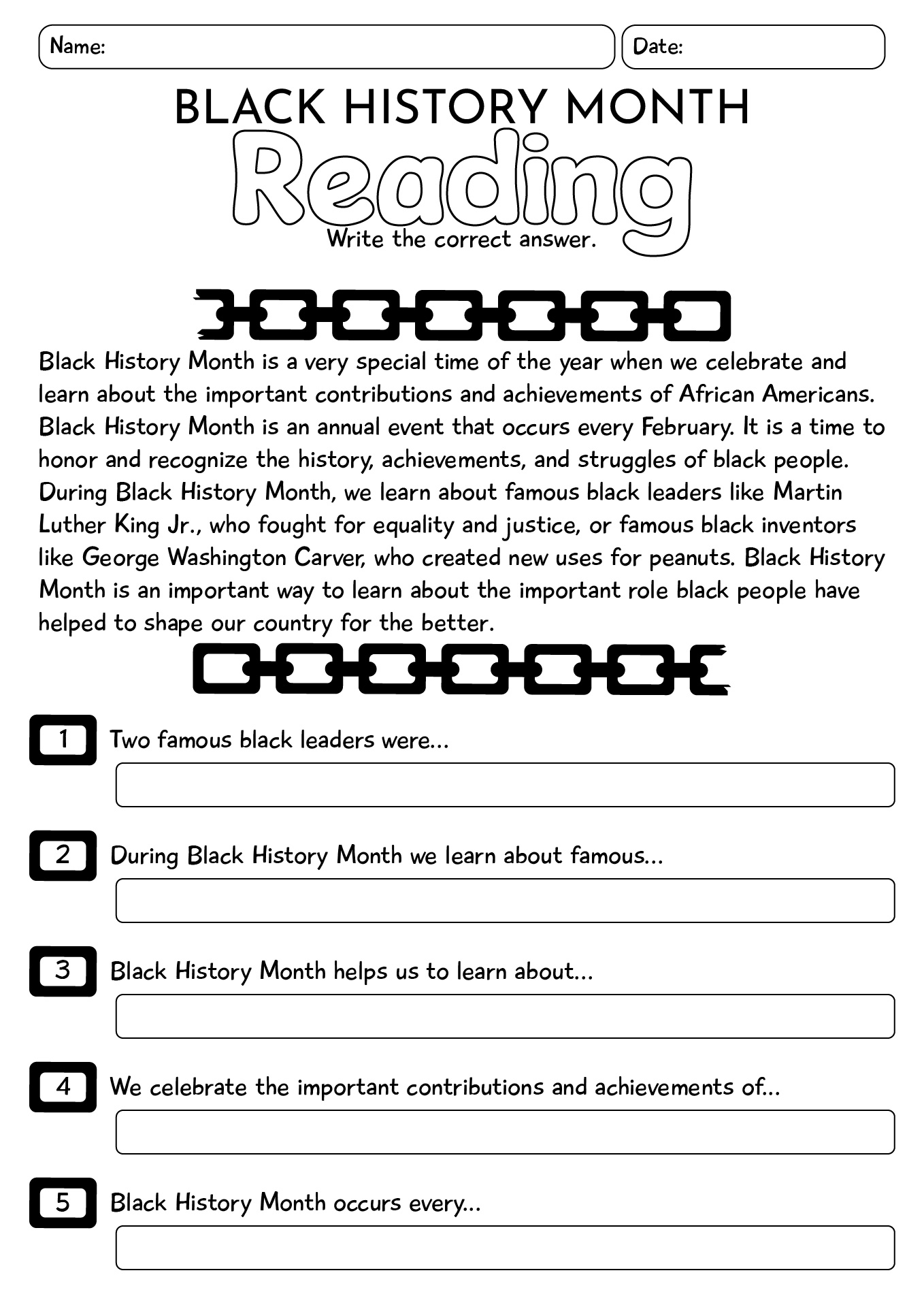 Black History Month Reading Worksheets