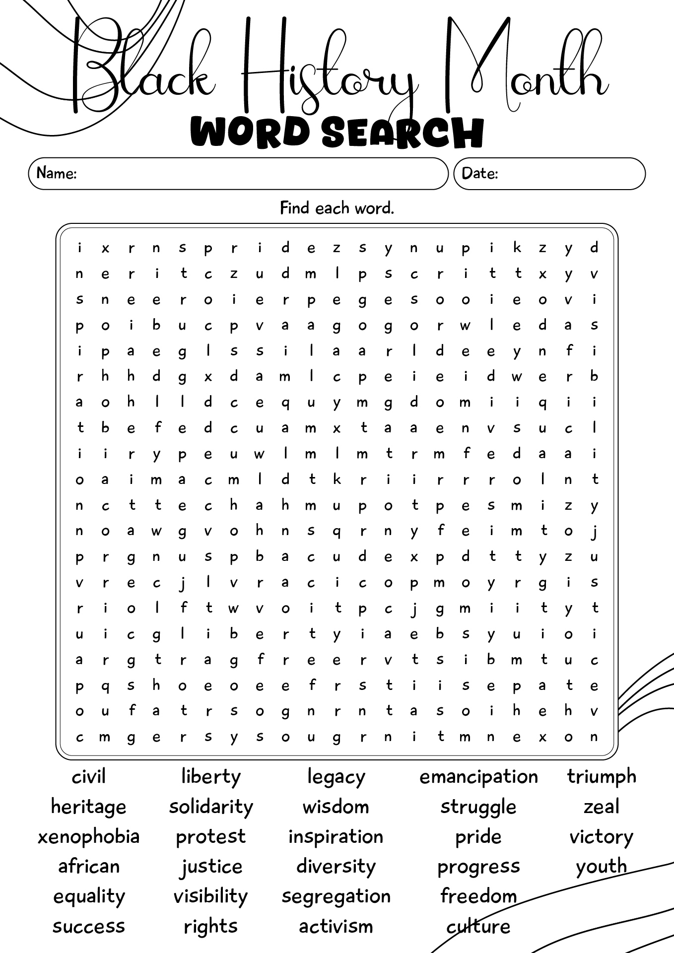 Black History Month Word Search