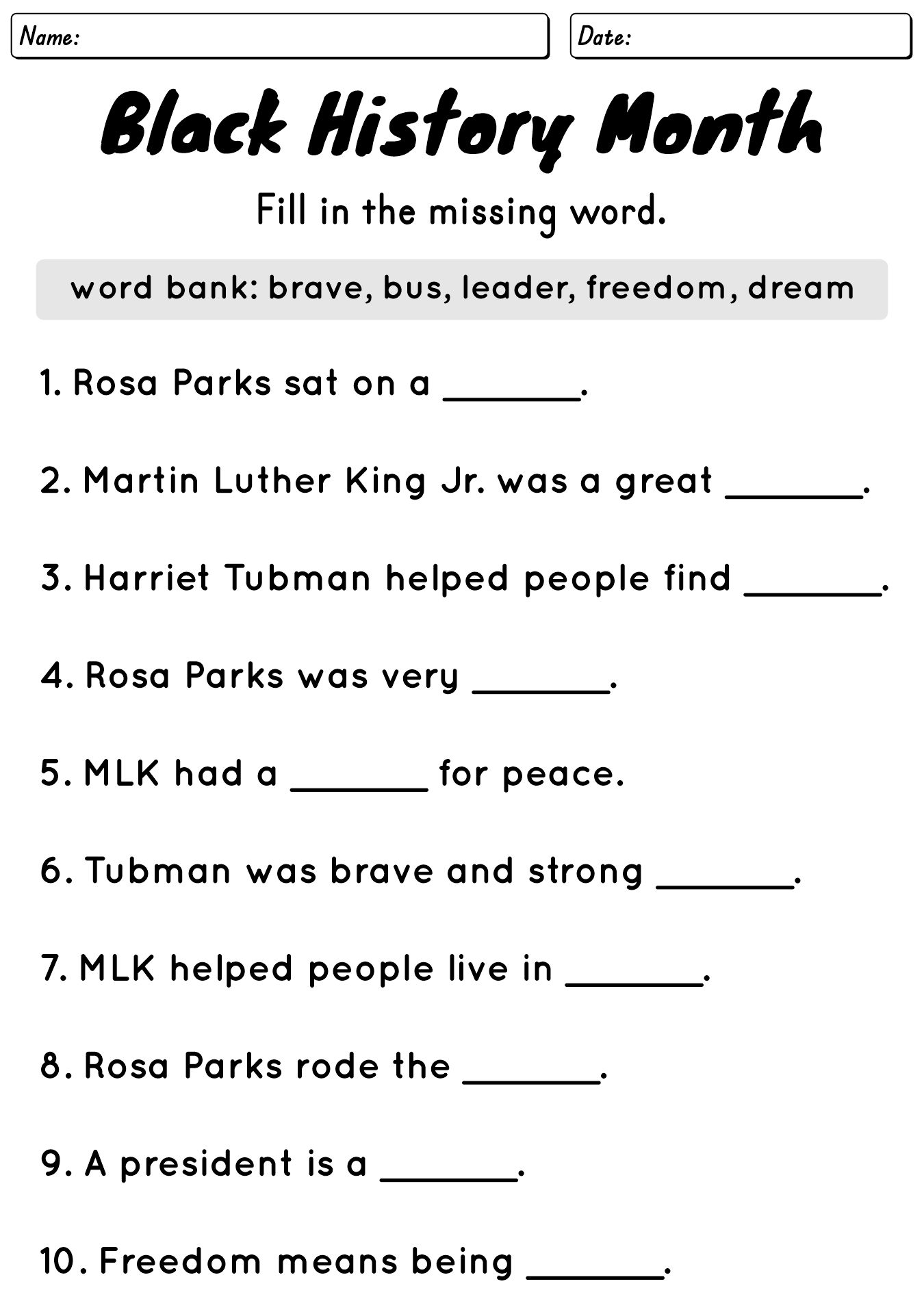 Black History Month Worksheet For 1st Grade
