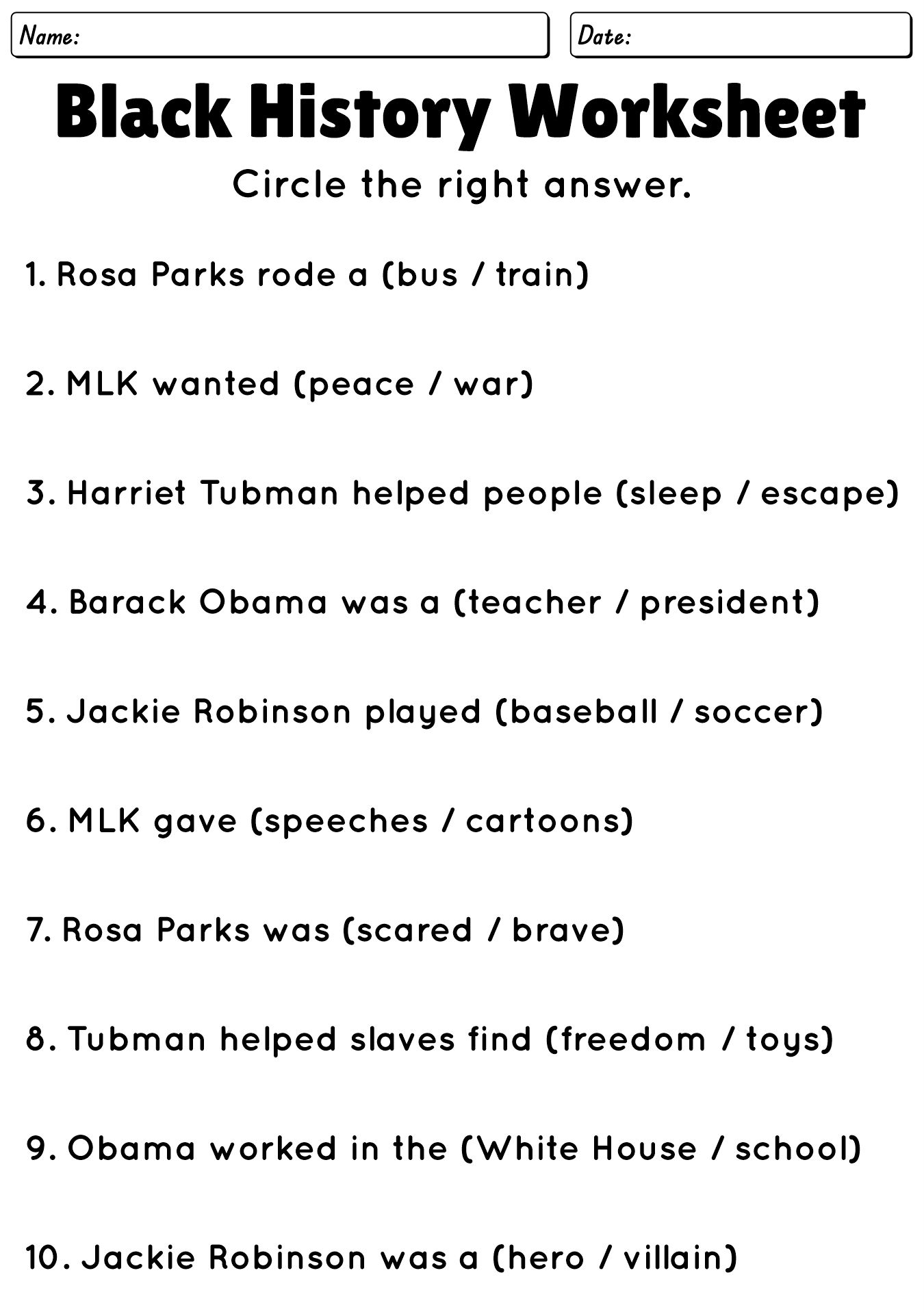 Black History Month Worksheet For First Grade